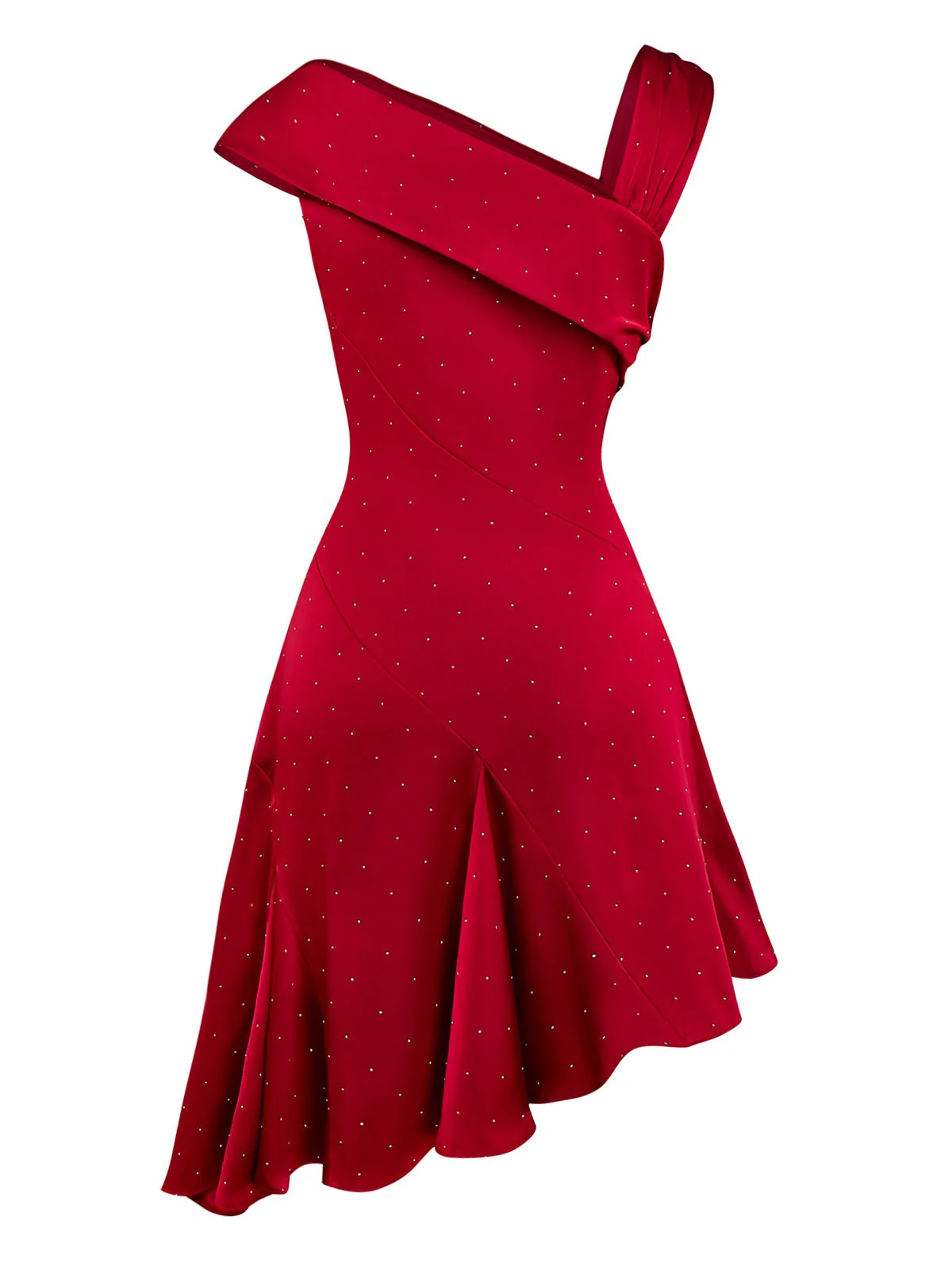 Weinrot 1960er Satin Strassstein Schulterfrei Kleid - Image 4