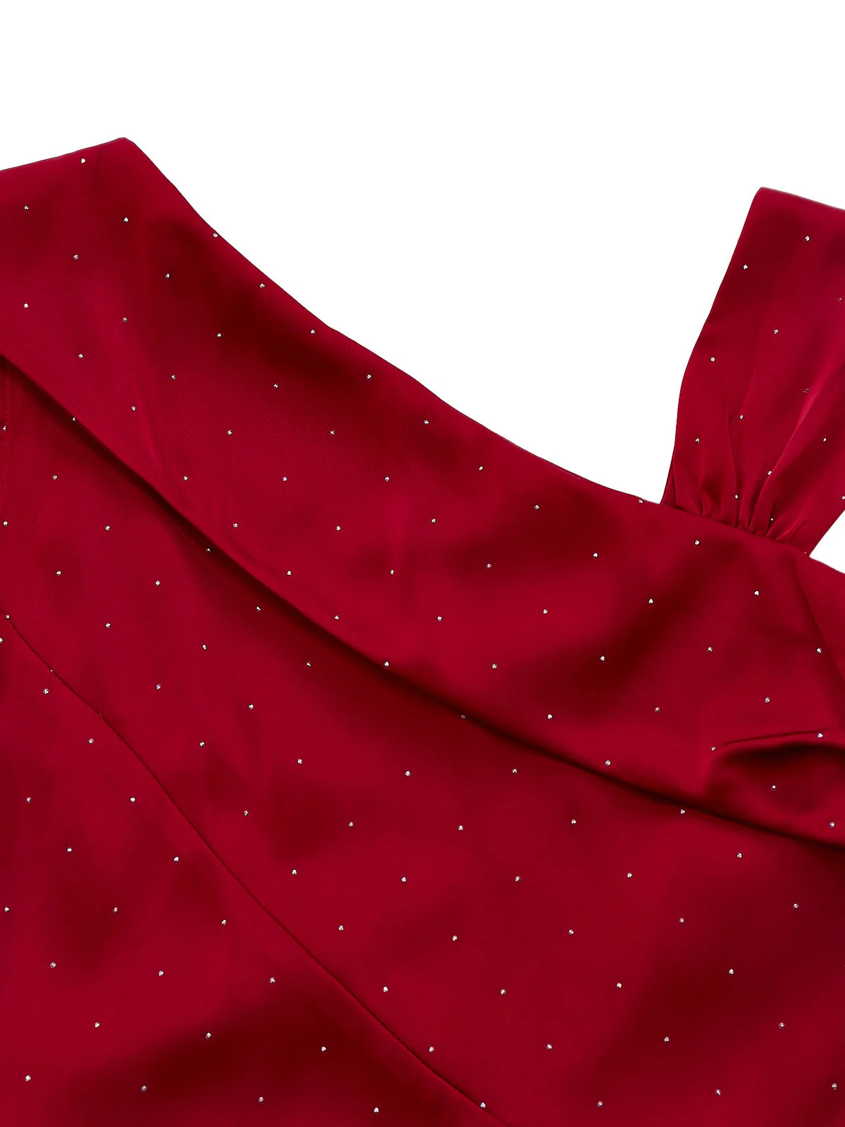 Weinrot 1960er Satin Strassstein Schulterfrei Kleid - Image 6