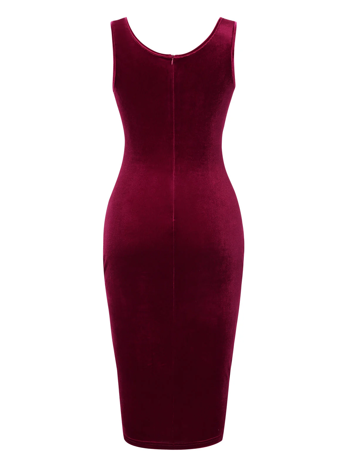 Weinrot 1960er Solide U-Ausschnitt Samt Schlitz Kleid - Image 2