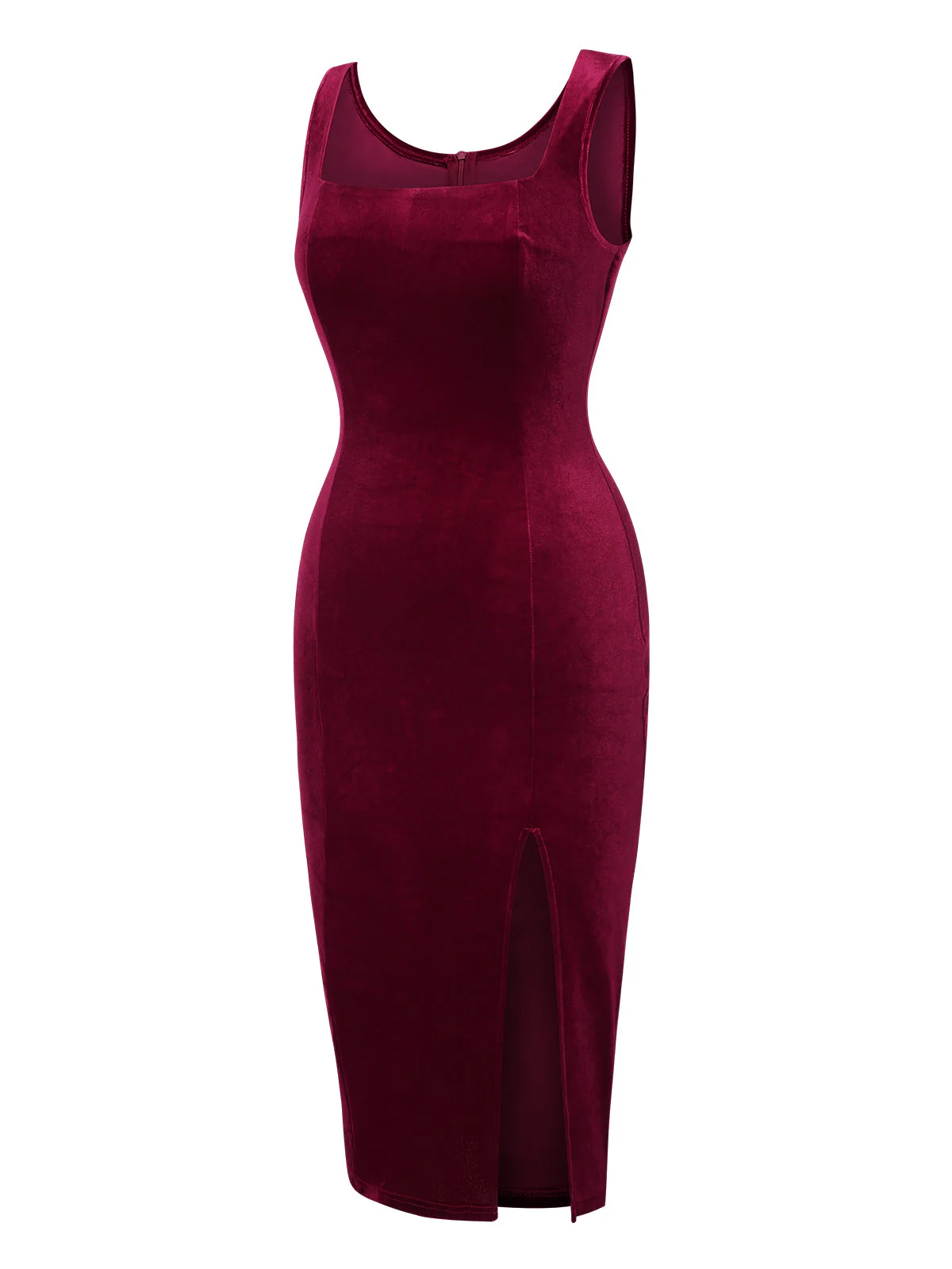Weinrot 1960er Solide U-Ausschnitt Samt Schlitz Kleid - Image 3