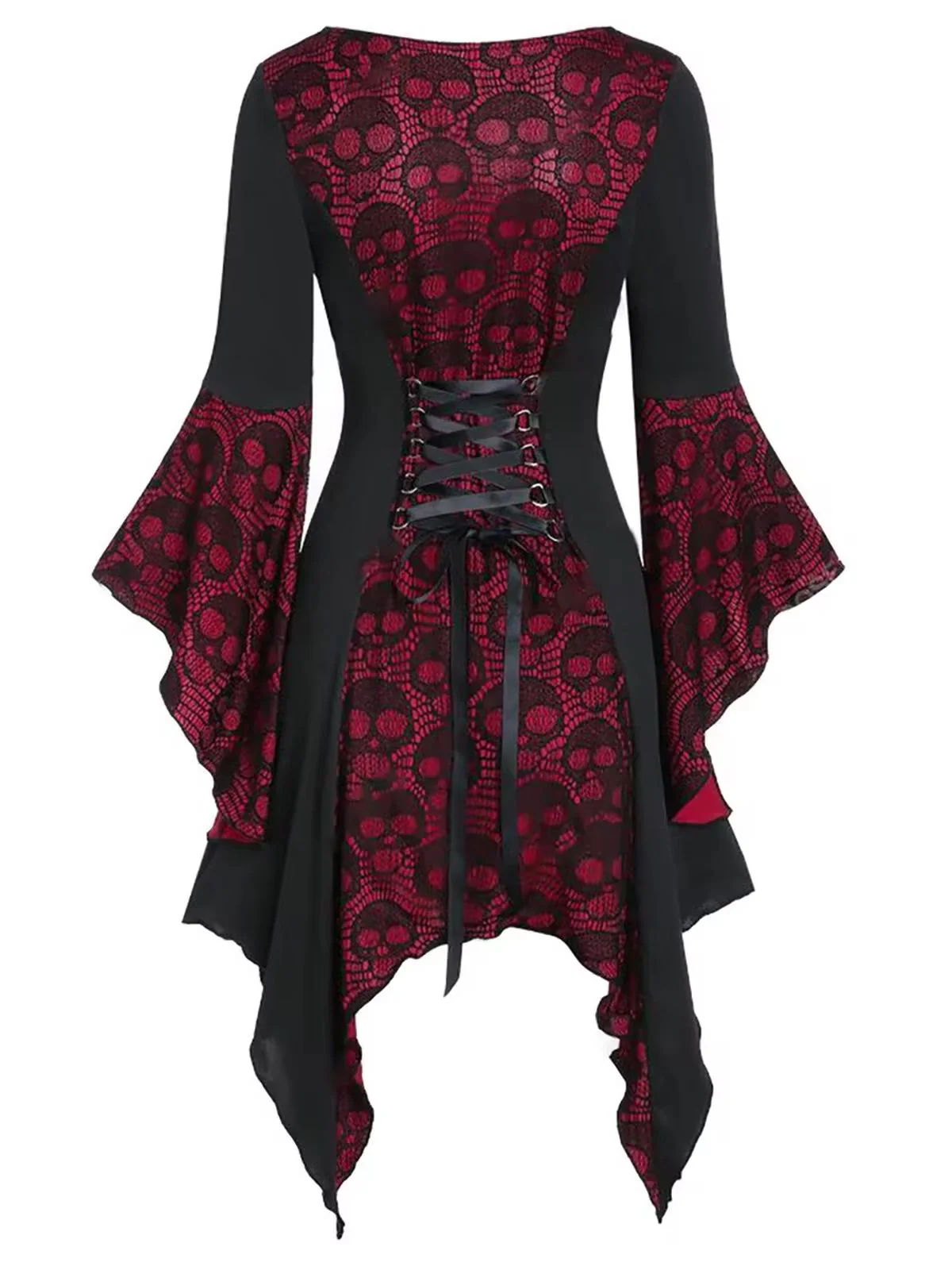 Weinrot & Schwarz 1940er Gothic Skelett Schädel Spitze Taste Kleid - Image 2
