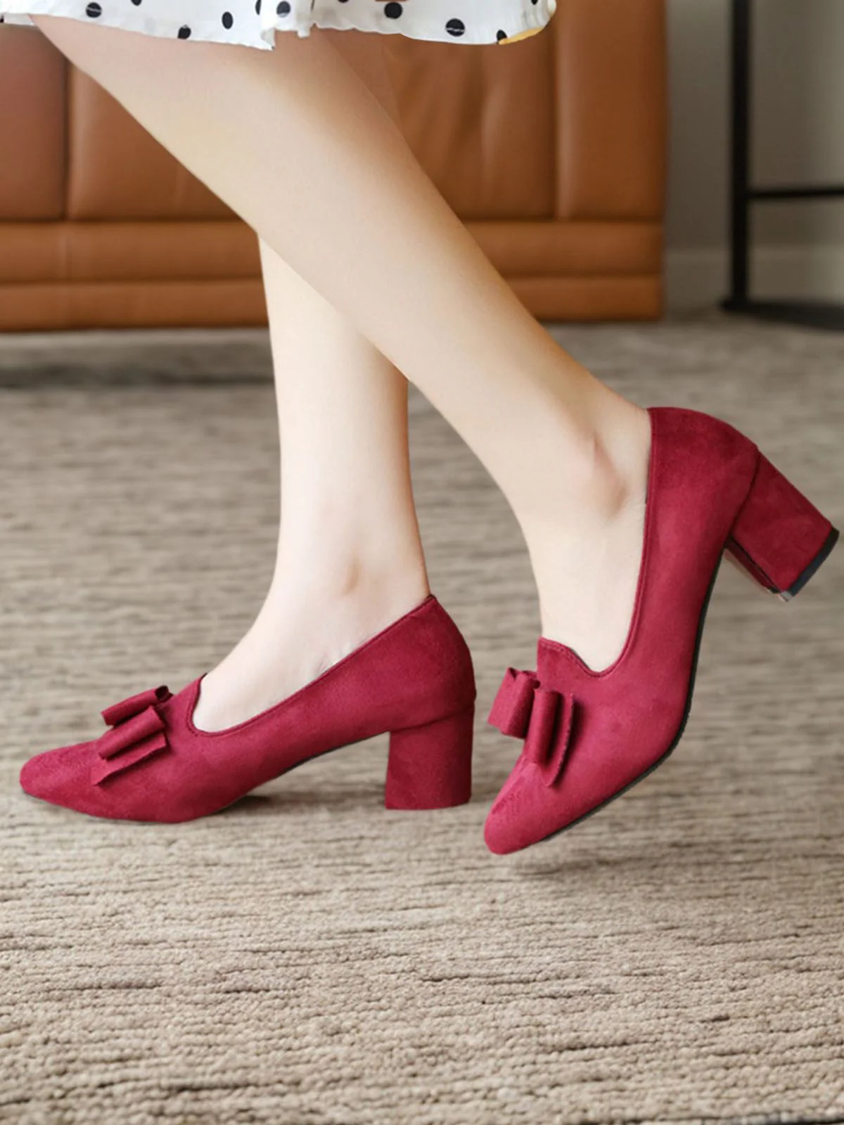 Weinrot Solide Schleife Flanell-Heels-Schuhe - Image 2
