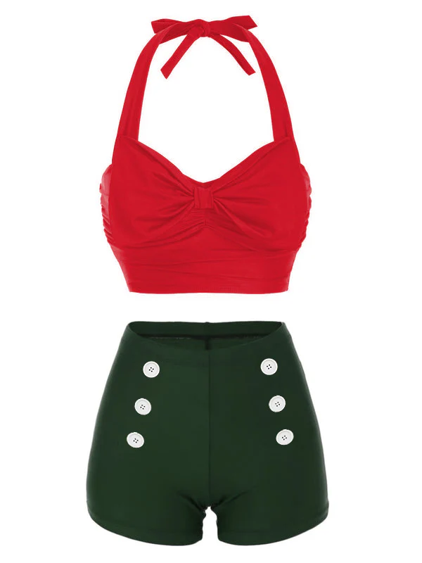 Weinrot 1950er Schleife Neckholder Bikini Set - Image 2