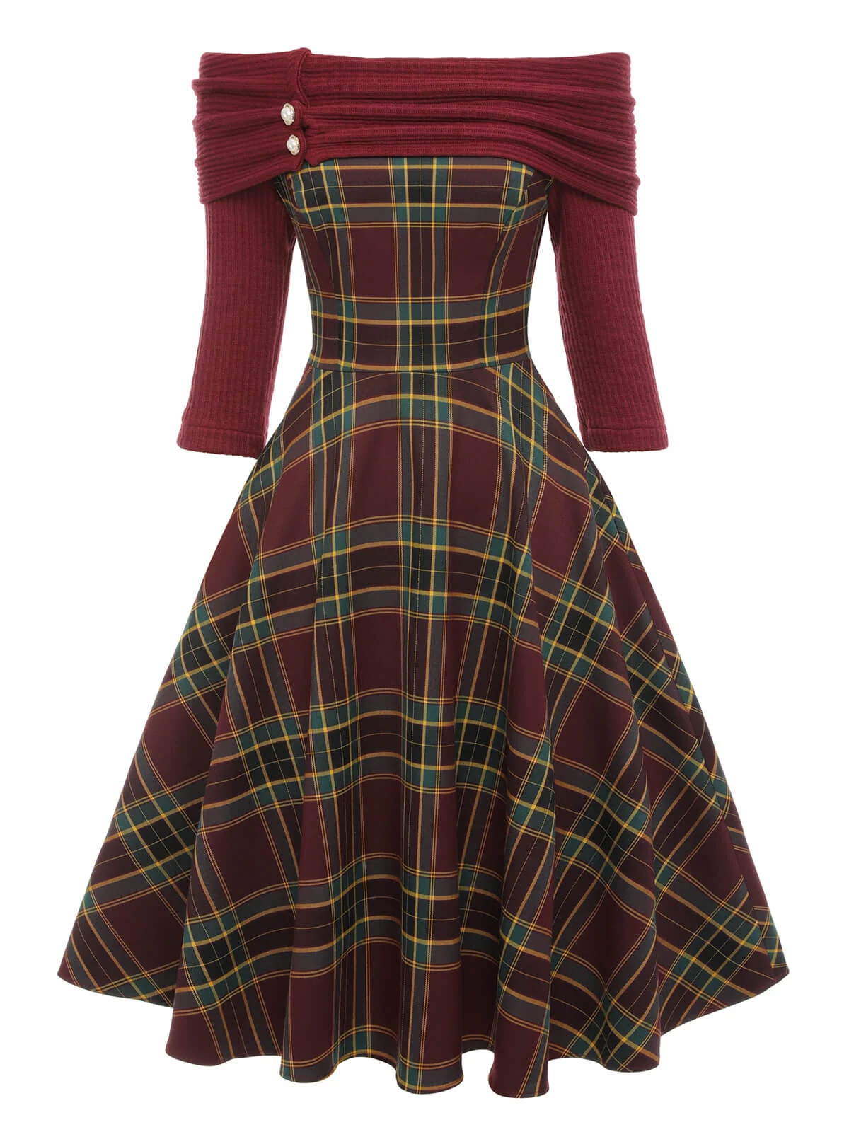 Weinrot 1950er Plaids Schulterfrei Kleid - Image 2