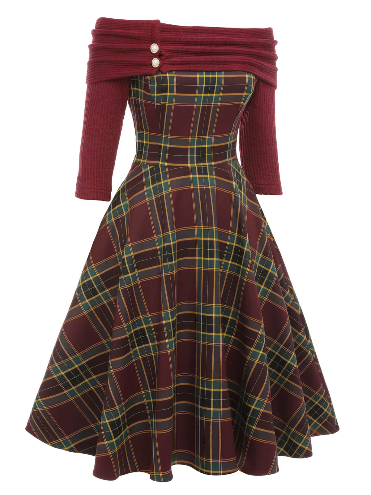 Weinrot 1950er Plaids Schulterfrei Kleid - Image 3