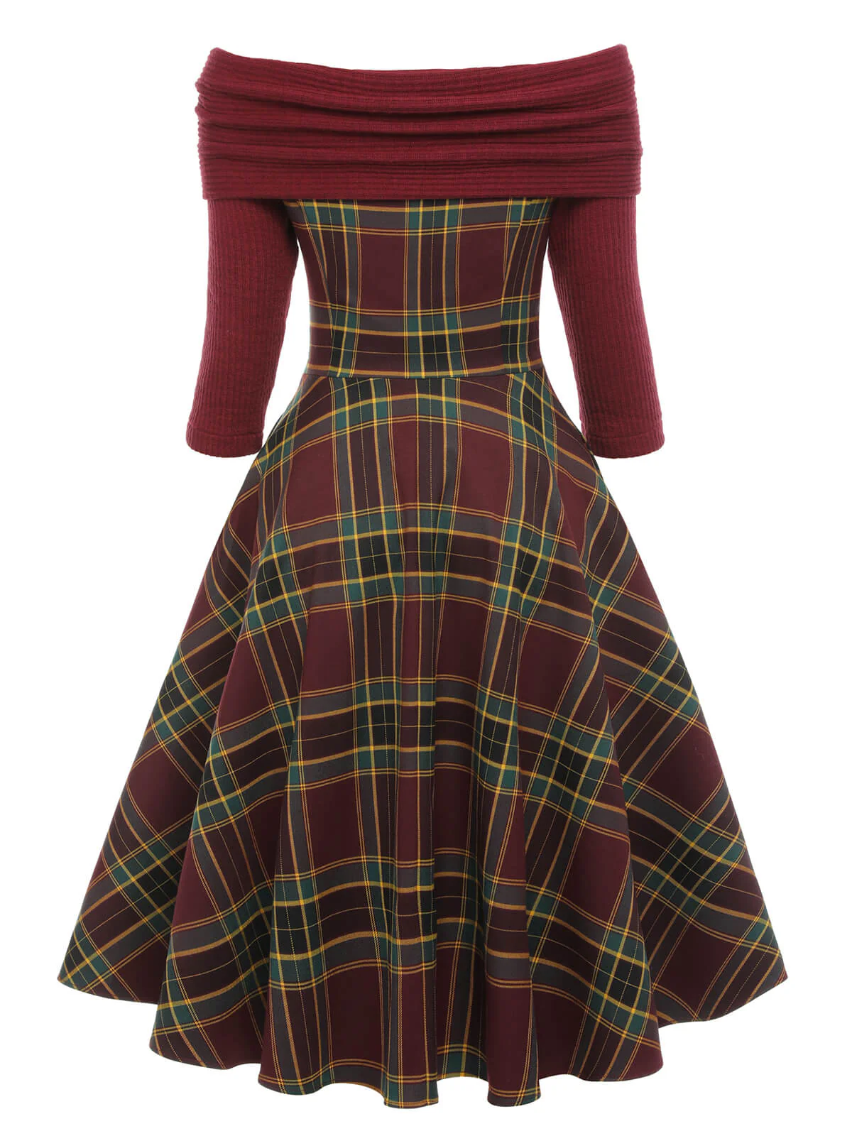 Weinrot 1950er Plaids Schulterfrei Kleid - Image 4