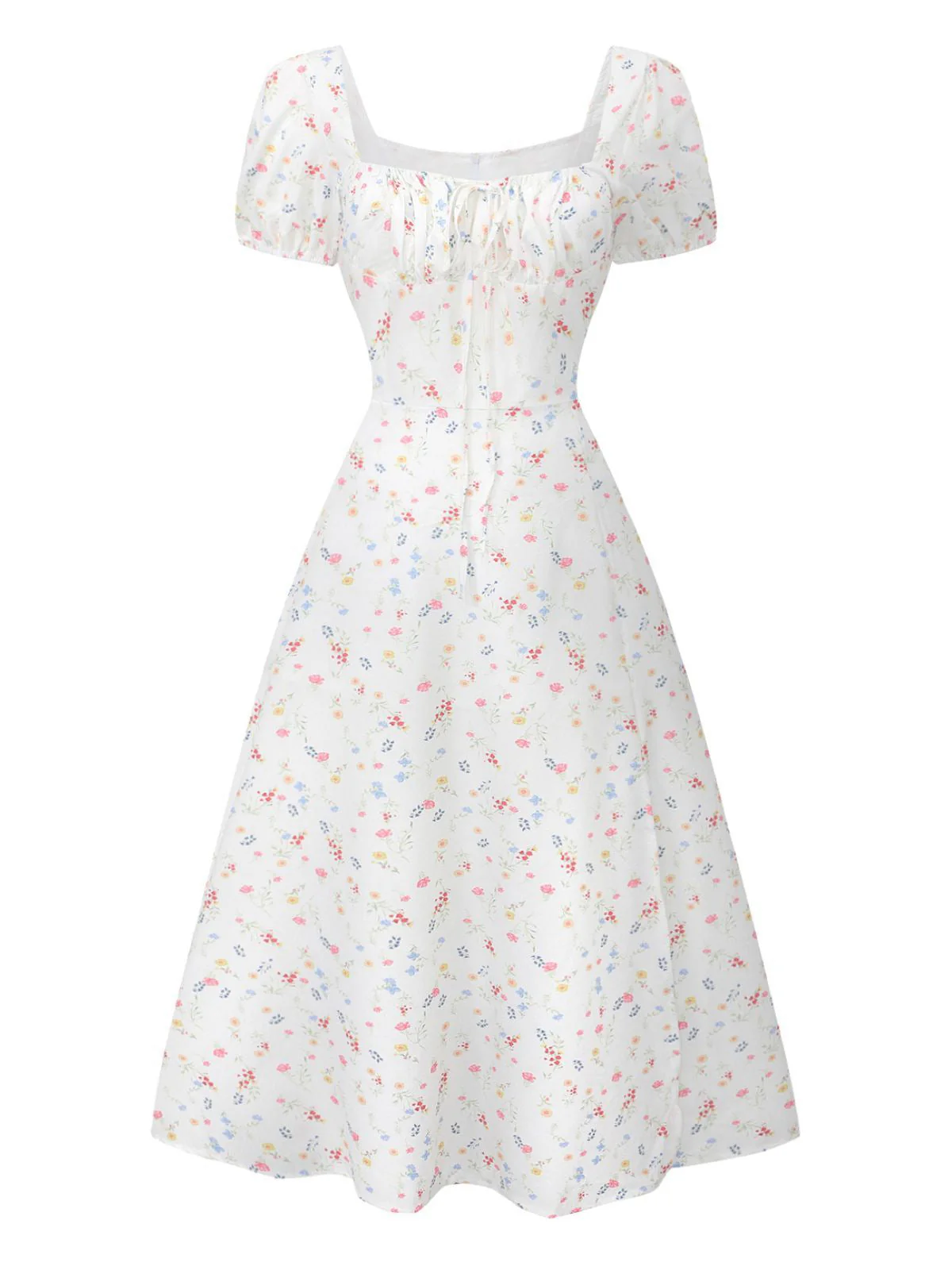 Weiß 1930er Blumen Quadratischer Hals Puffärmel Kleid - Image 2