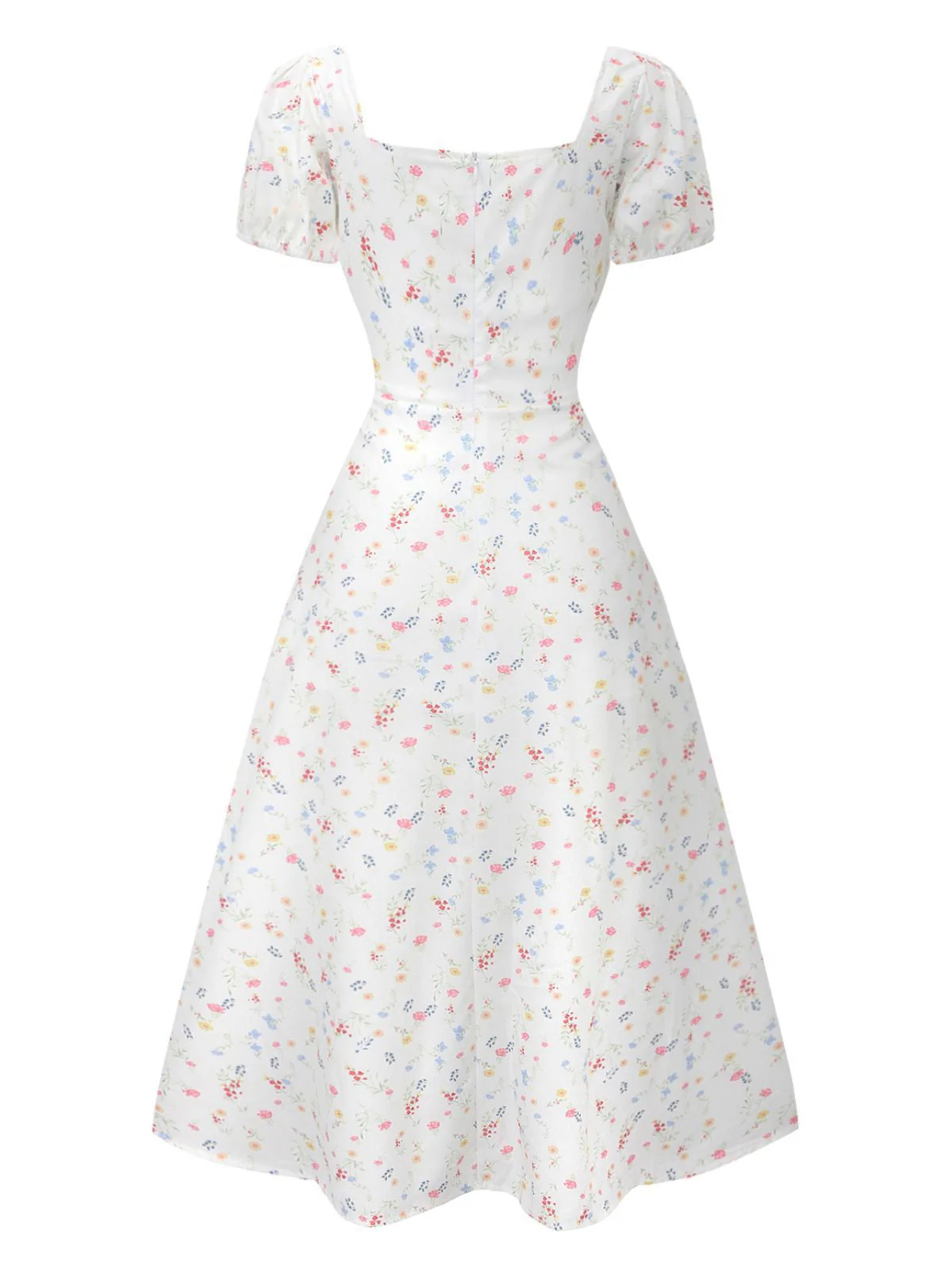 Weiß 1930er Blumen Quadratischer Hals Puffärmel Kleid - Image 3