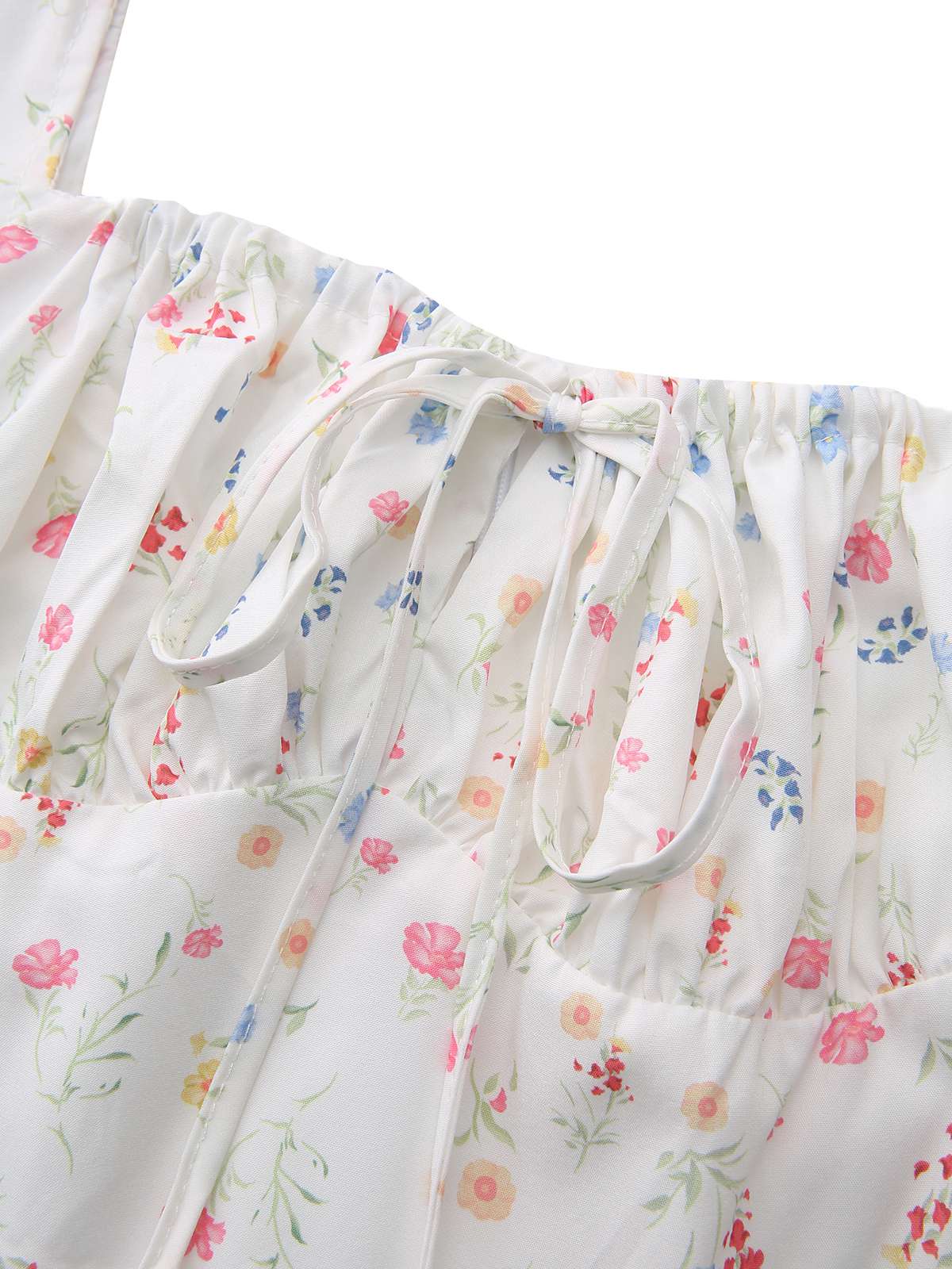 Weiß 1930er Blumen Quadratischer Hals Puffärmel Kleid - Image 4