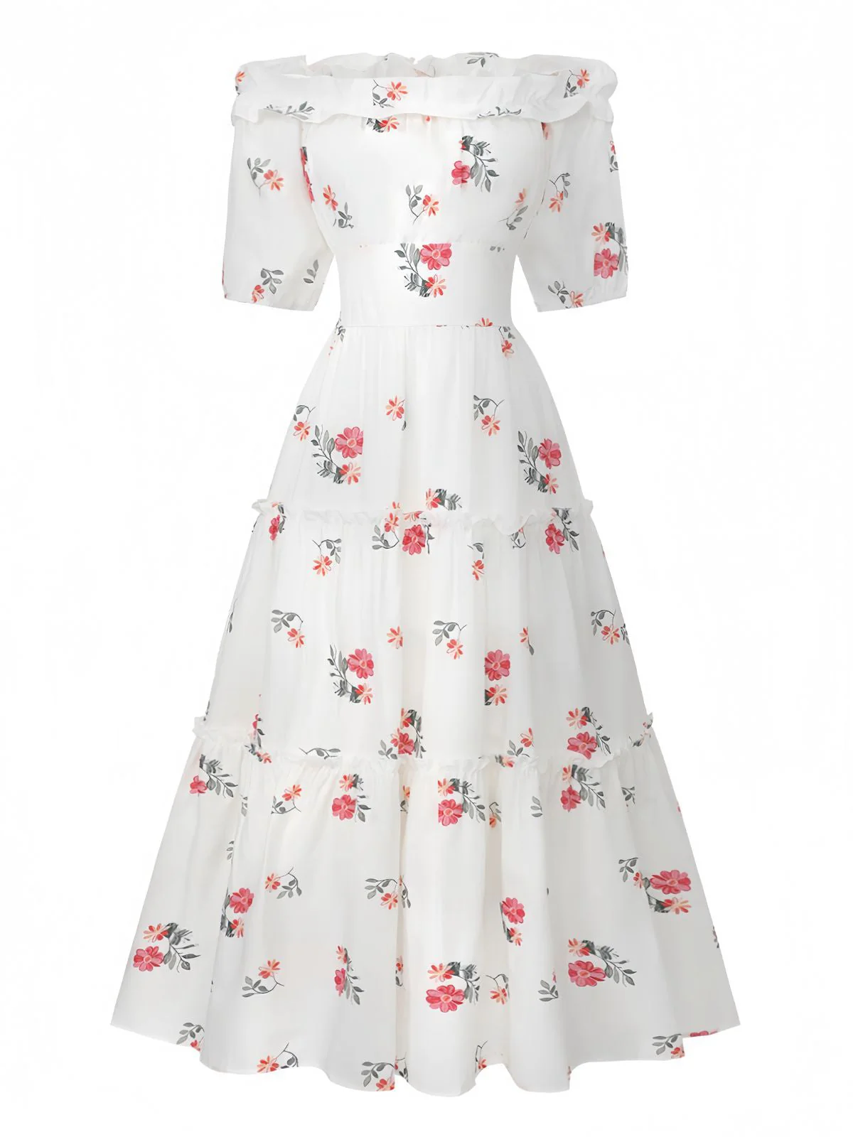 Weiß 1930er Blumen Rüschen Schulterfrei Puffärmel Kleid - Image 2