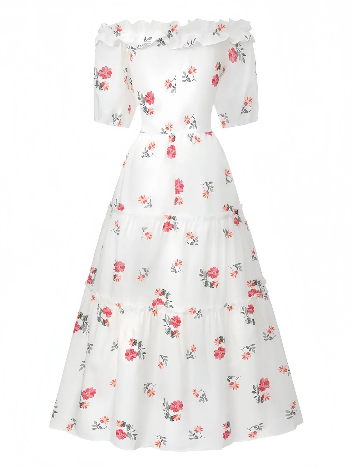 Weiß 1930er Blumen Rüschen Schulterfrei Puffärmel Kleid - Image 3