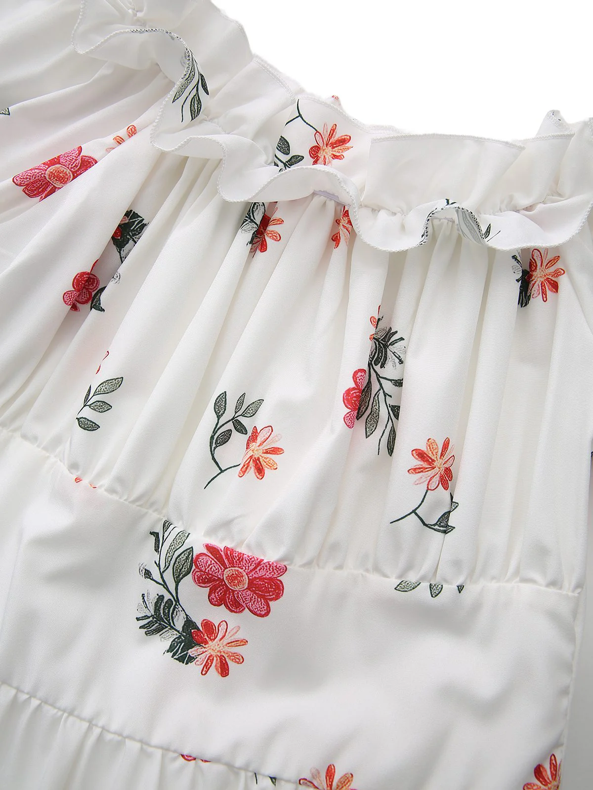 Weiß 1930er Blumen Rüschen Schulterfrei Puffärmel Kleid - Image 5