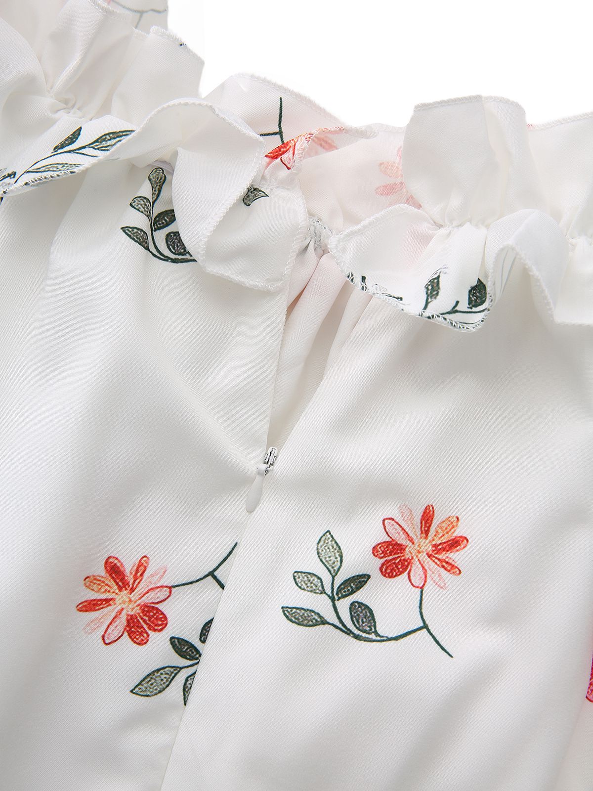Weiß 1930er Blumen Rüschen Schulterfrei Puffärmel Kleid - Image 6