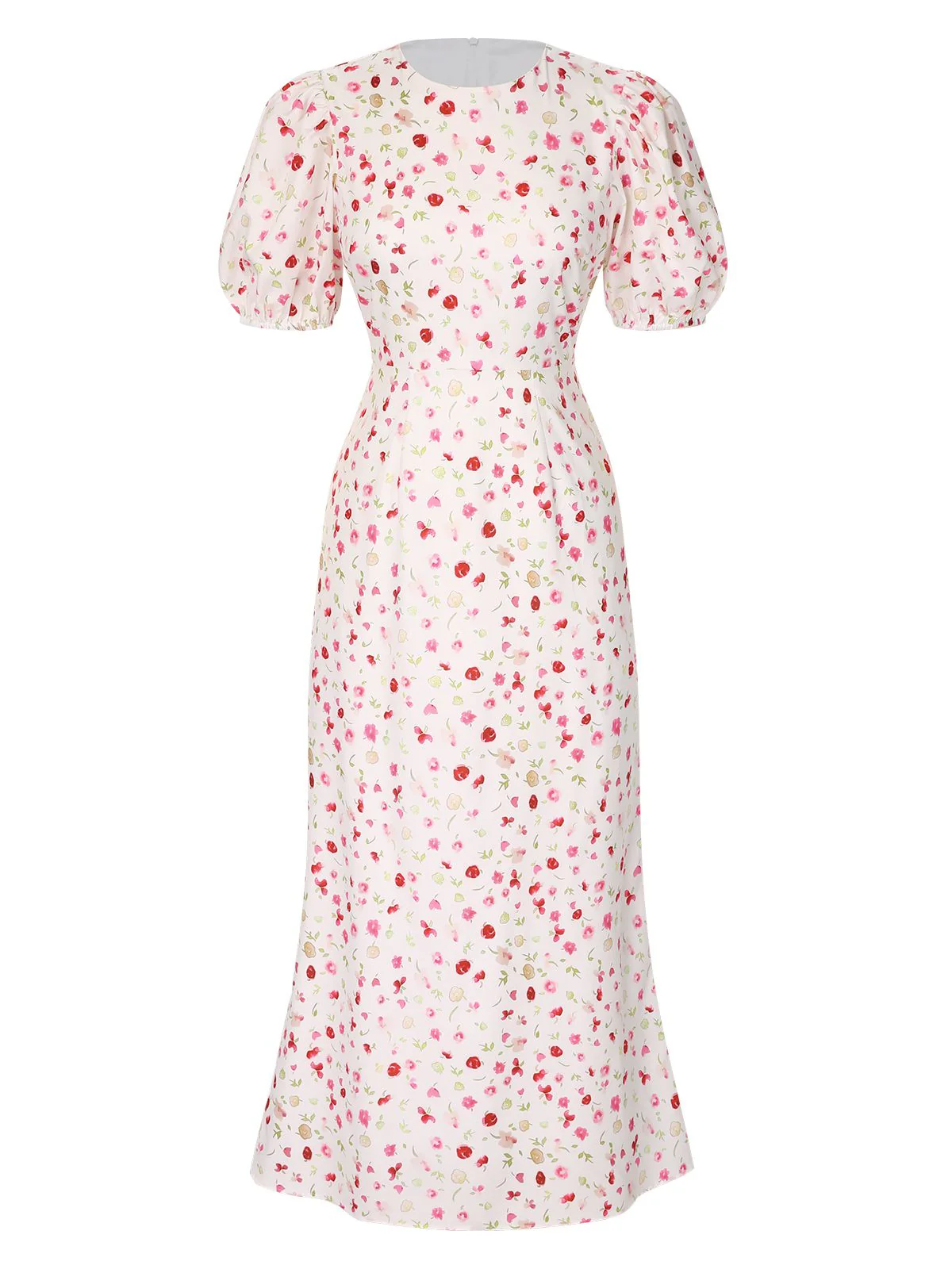 Weiß 1930er Blumenmuster Puffärmel Fischschwanz Kleid - Image 2