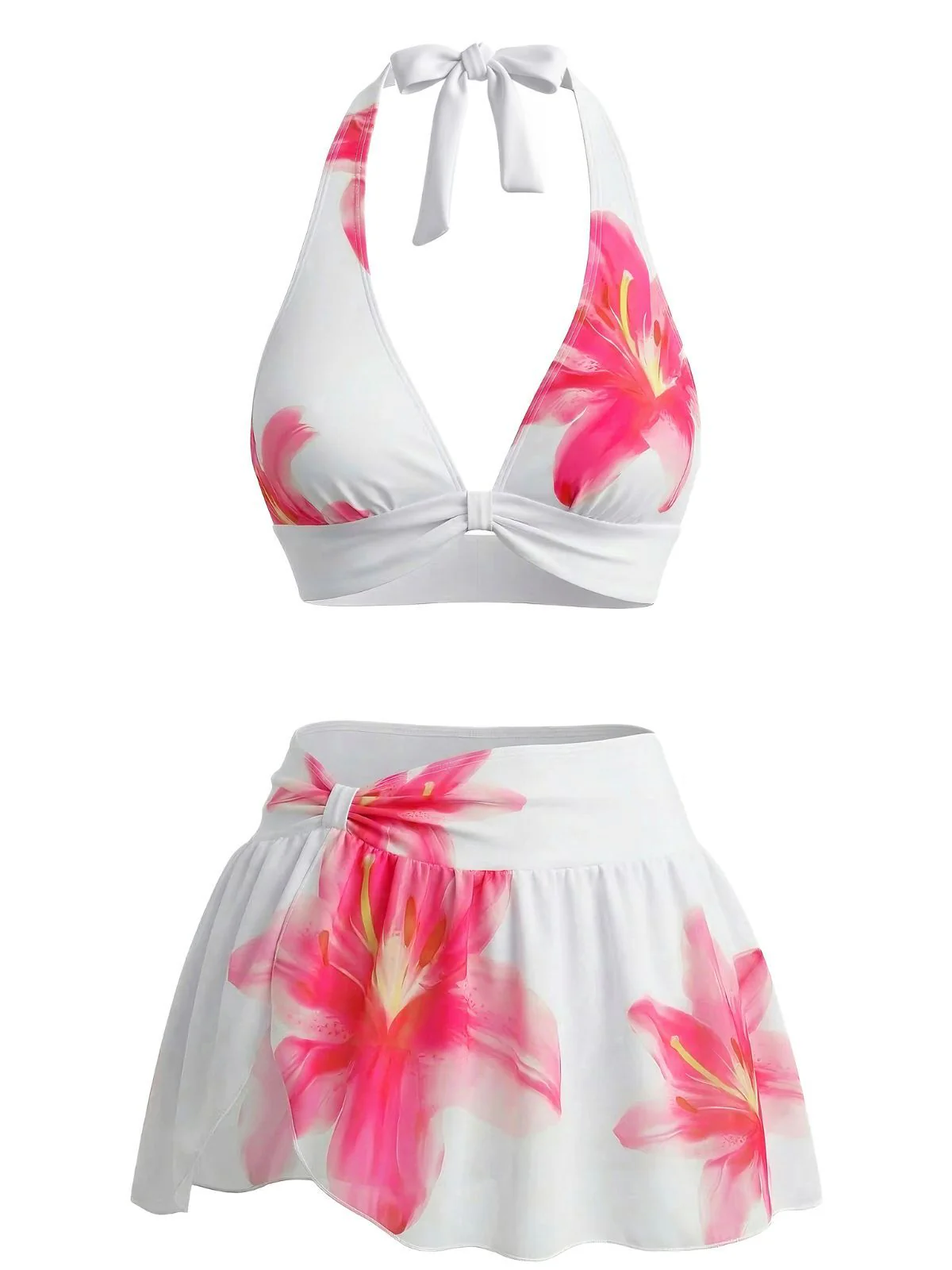 Weiß 1930er Lilien Blumen Halter Wickel Netz Rock Bikini Set - Image 2
