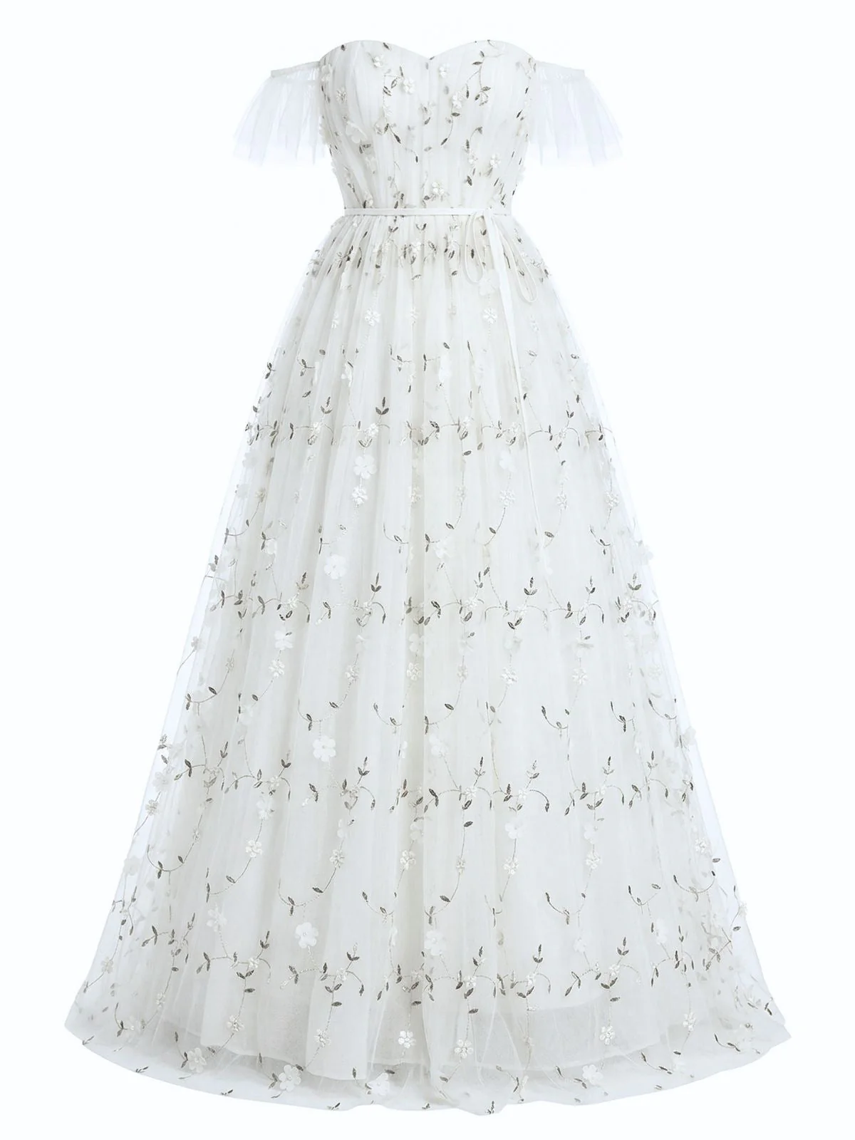 Weiß 1930er Rüschen Schulterfrei Blumen Bestickt Kleid