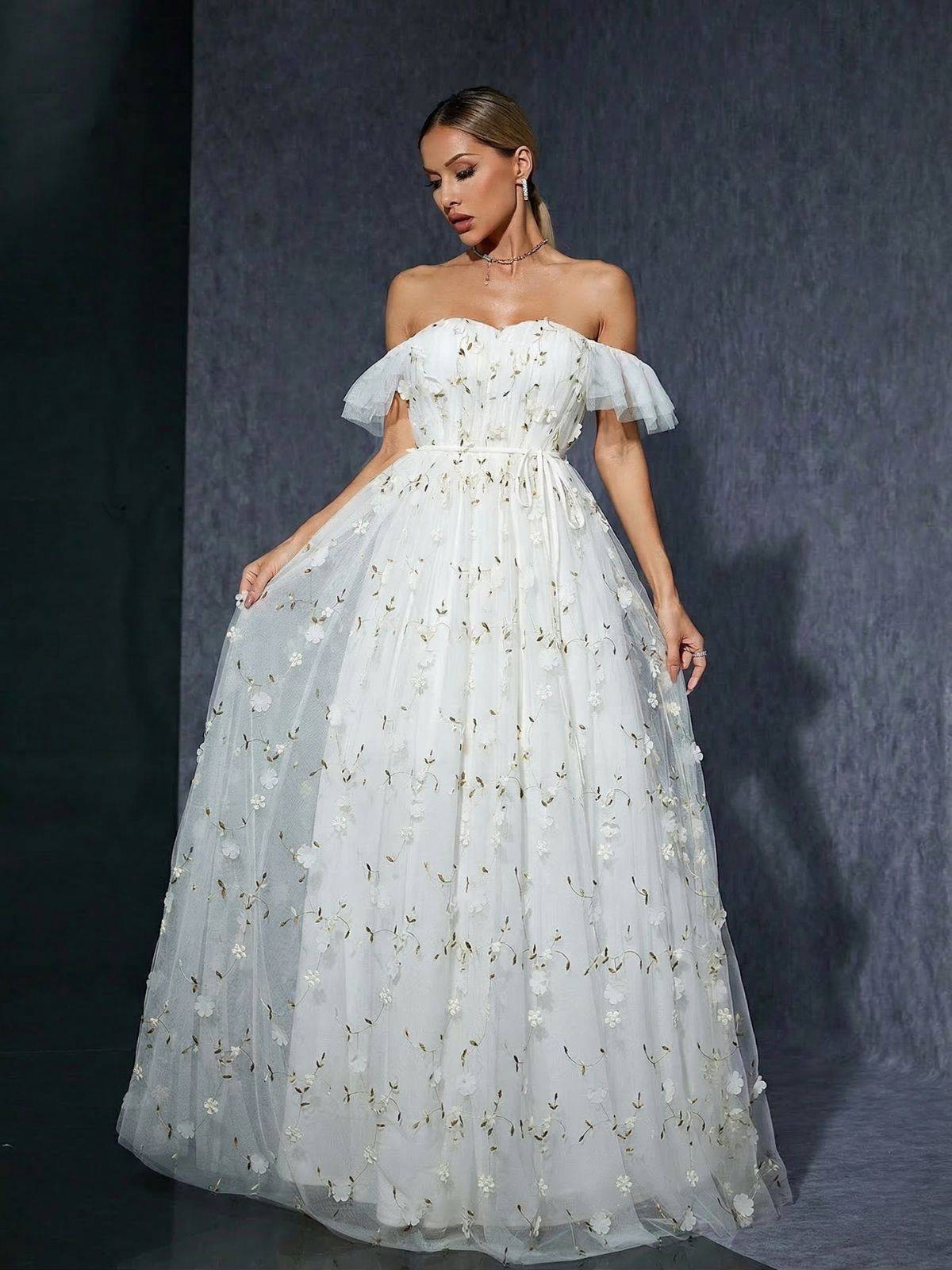 Weiß 1930er Rüschen Schulterfrei Blumen Bestickt Kleid - Image 2