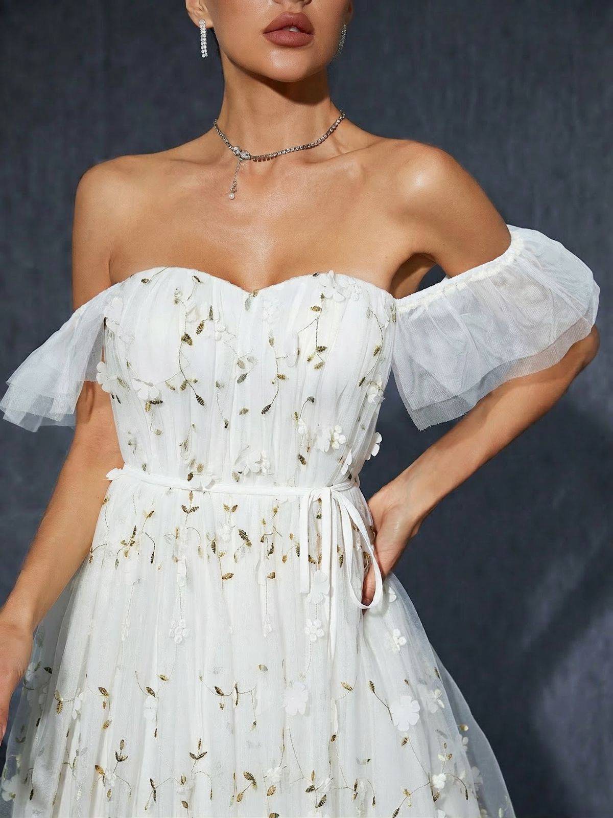 Weiß 1930er Rüschen Schulterfrei Blumen Bestickt Kleid - Image 4