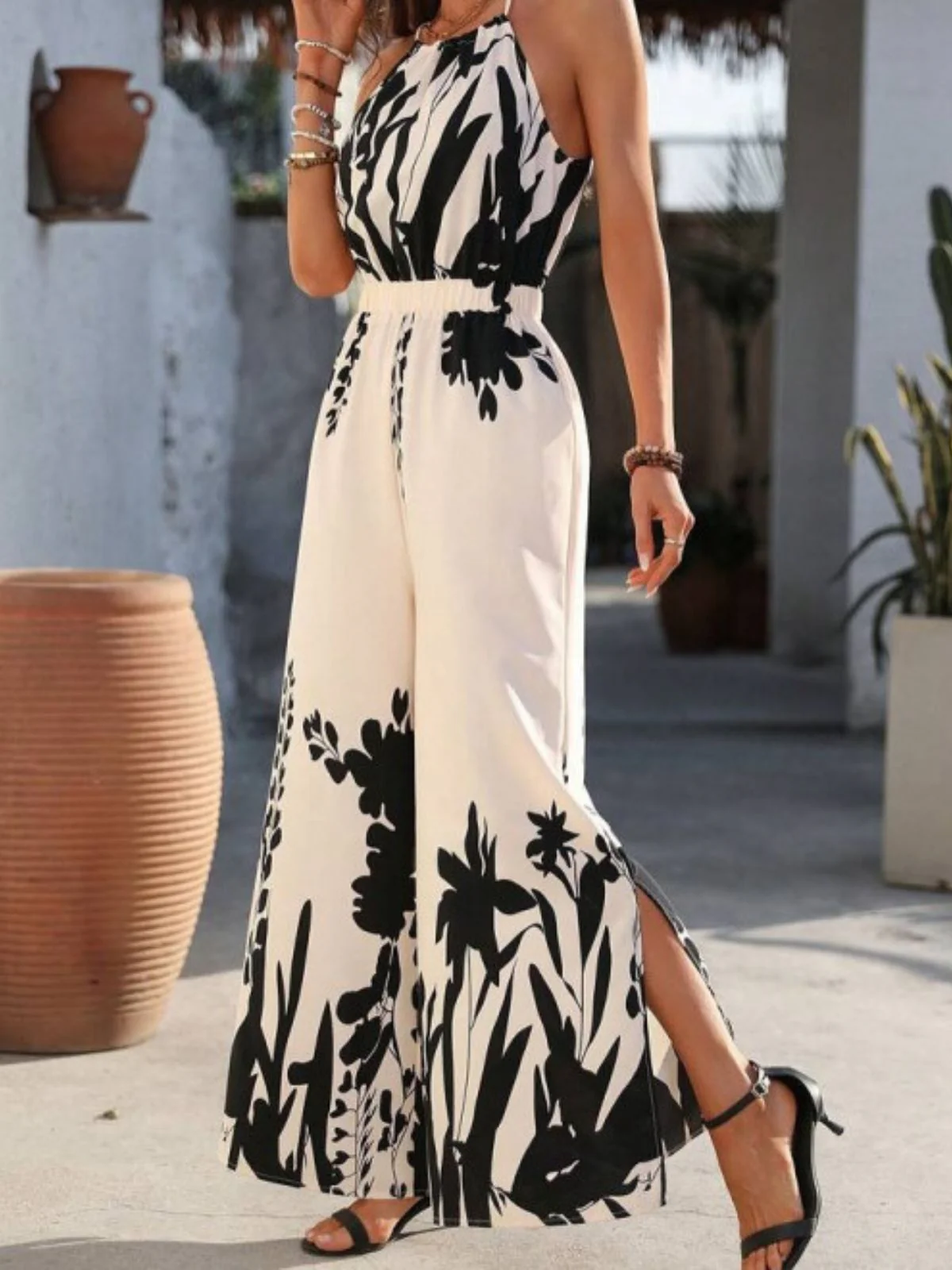 Weiß 1930er Silhouette Pflanzen Spaghetti Träger Jumpsuit - Image 2