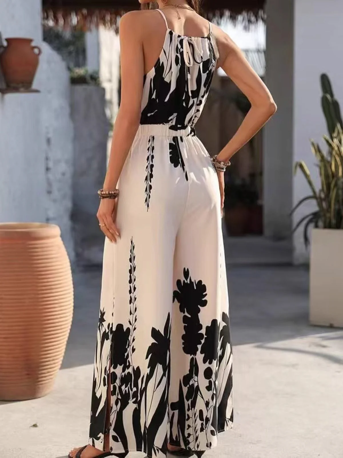 Weiß 1930er Silhouette Pflanzen Spaghetti Träger Jumpsuit - Image 3