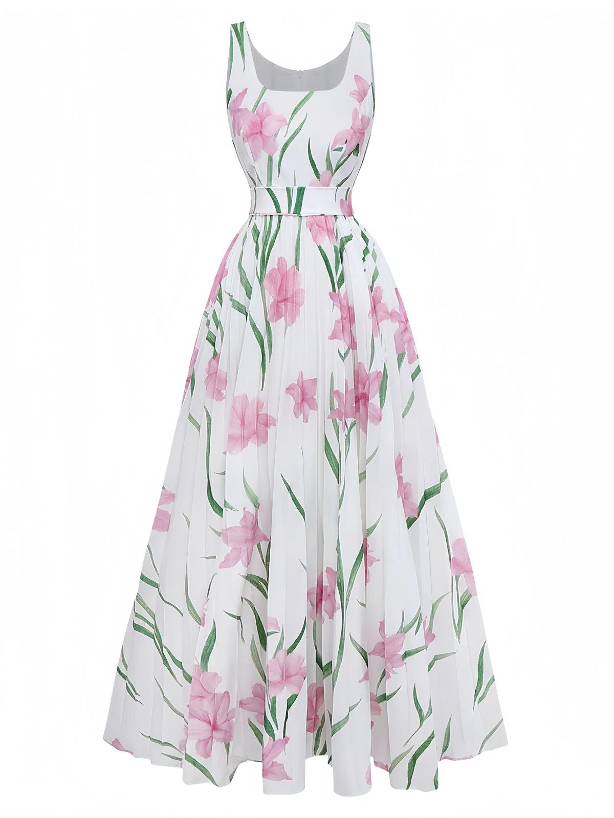 Weiß 1930er U-Ausschnitt Blumen Ärmellos Maxi Kleid