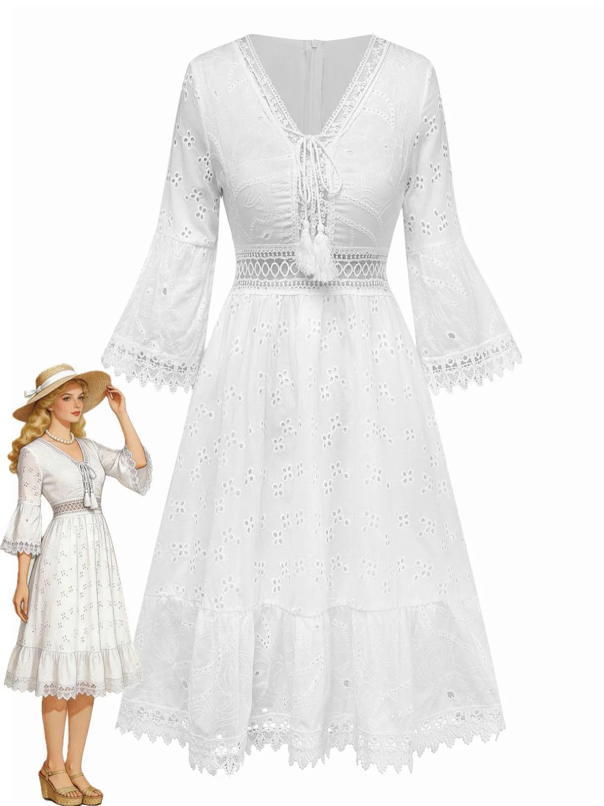Weiß 1940er Durchbruch Quasten Bestickt Überwurf Kleid