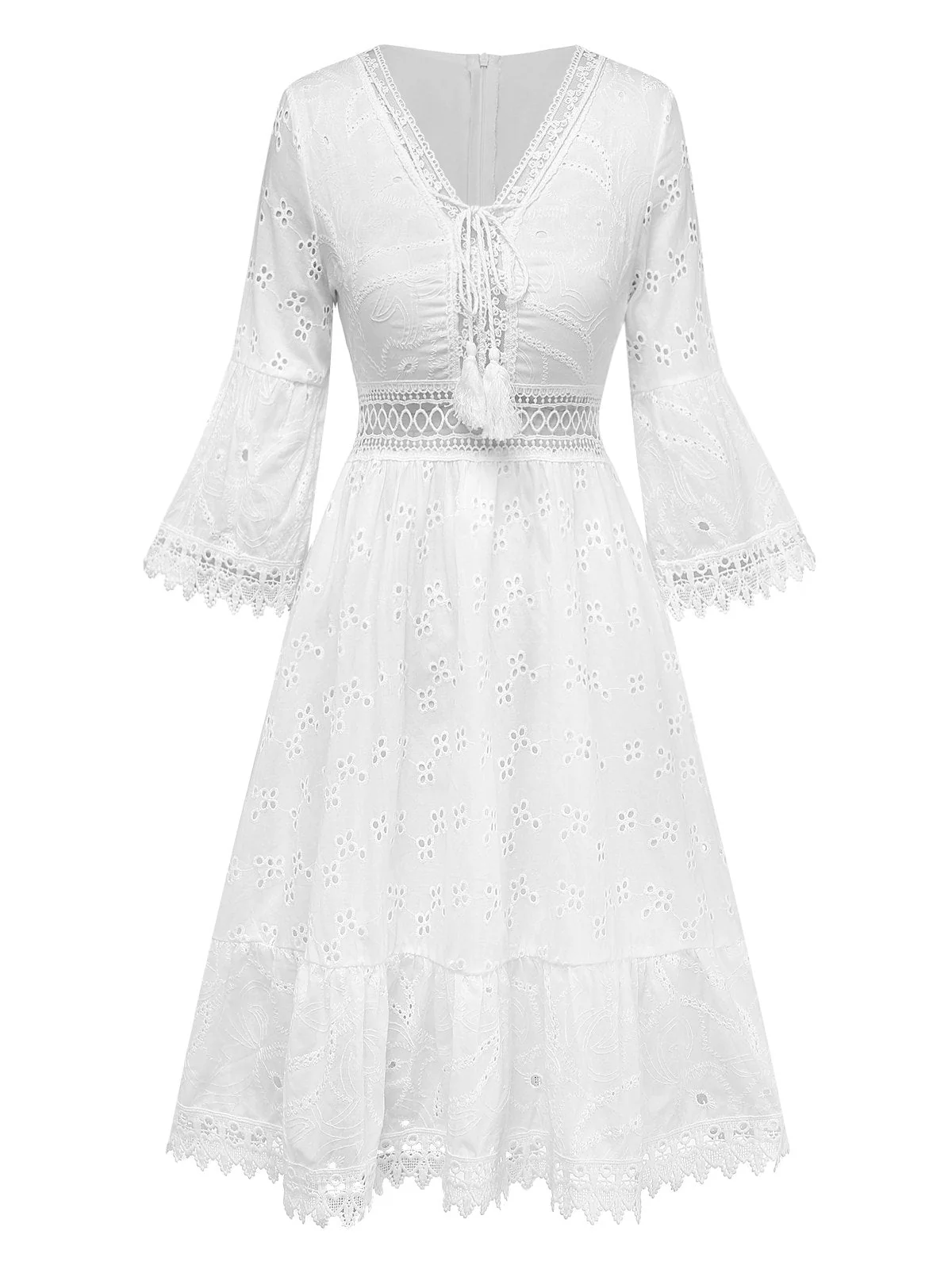 Weiß 1940er Durchbruch Quasten Bestickt Überwurf Kleid - Image 2