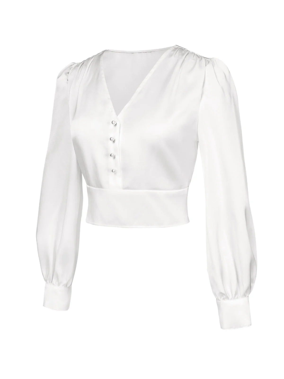 Weiß 1940er Satin V-Ausschnitt Laternenärmel Bluse - Image 3