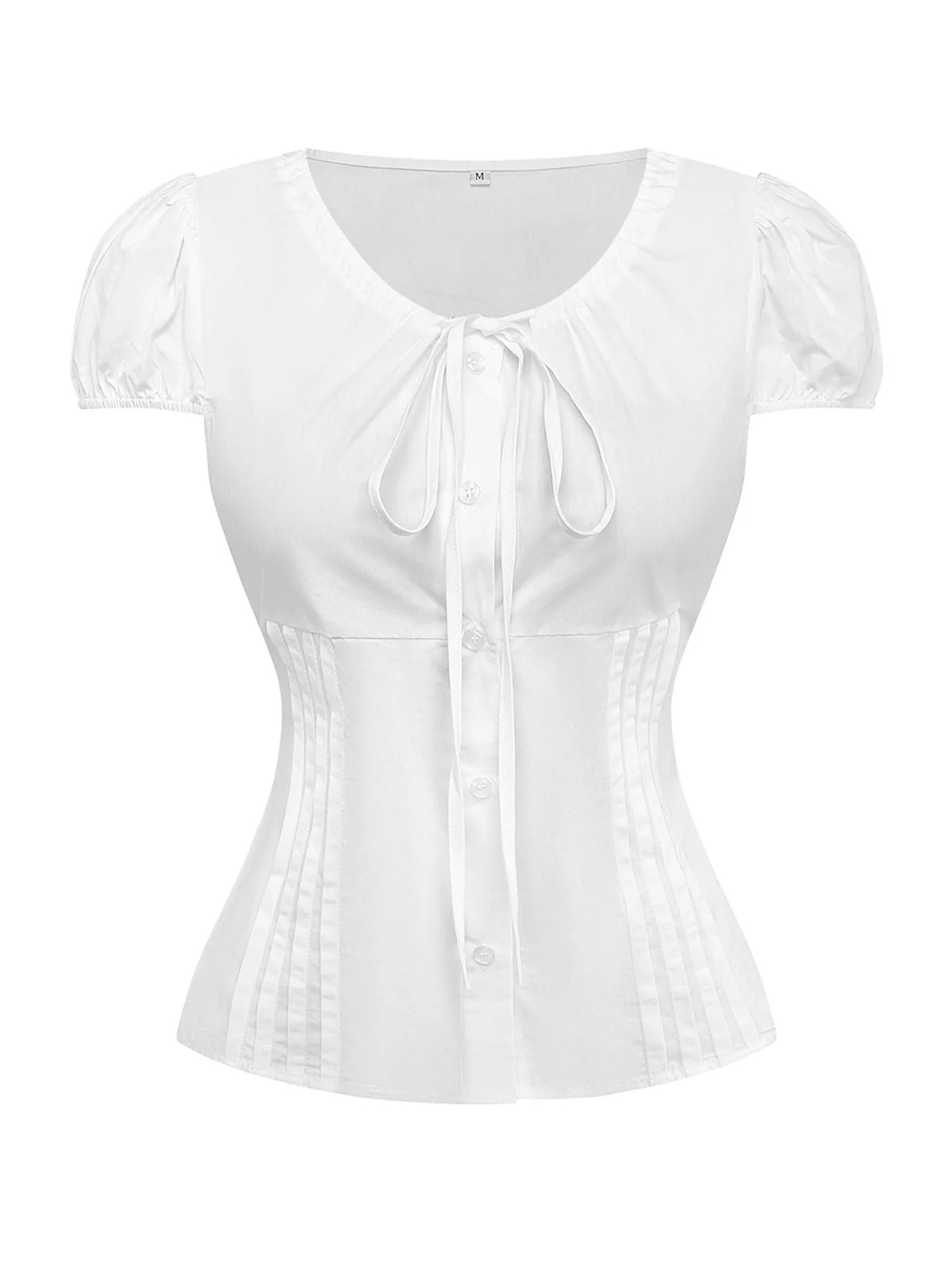 Weiß 1940er Solide Rundhals Tailliert Taille Bluse - Image 2