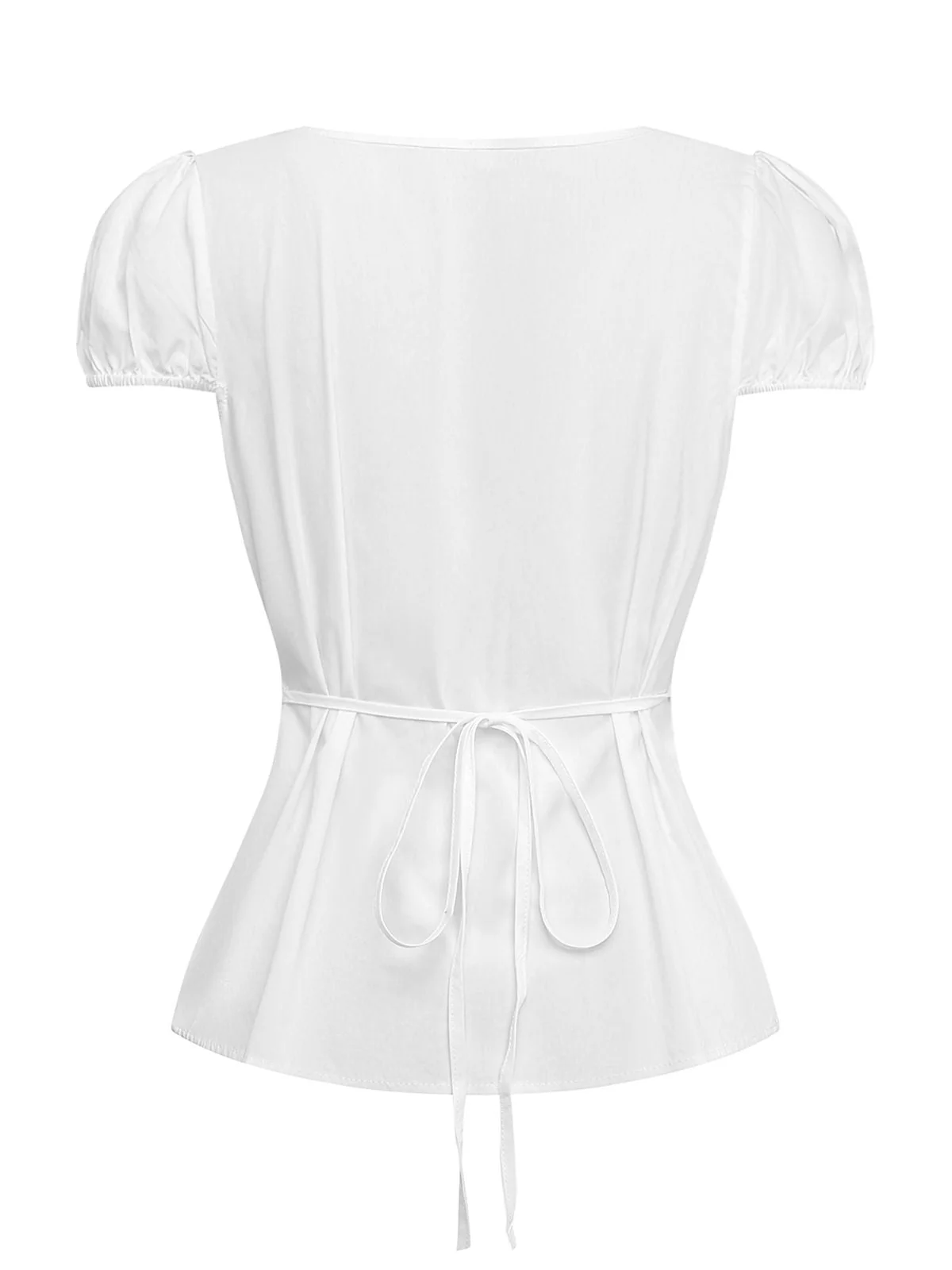 Weiß 1940er Solide Rundhals Tailliert Taille Bluse - Image 3