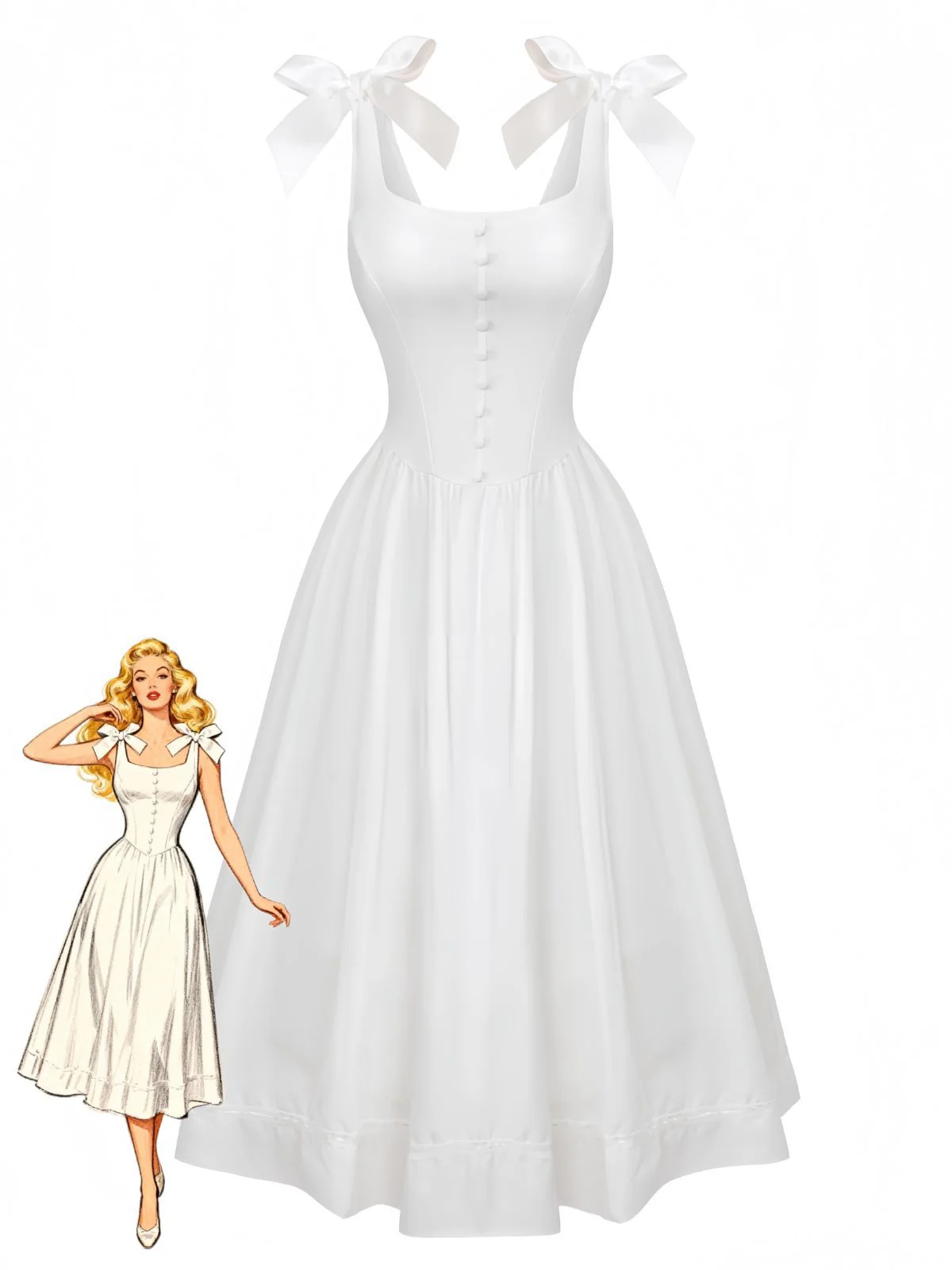 Weiß 1940er Solide Schnürung Knopf Kleid
