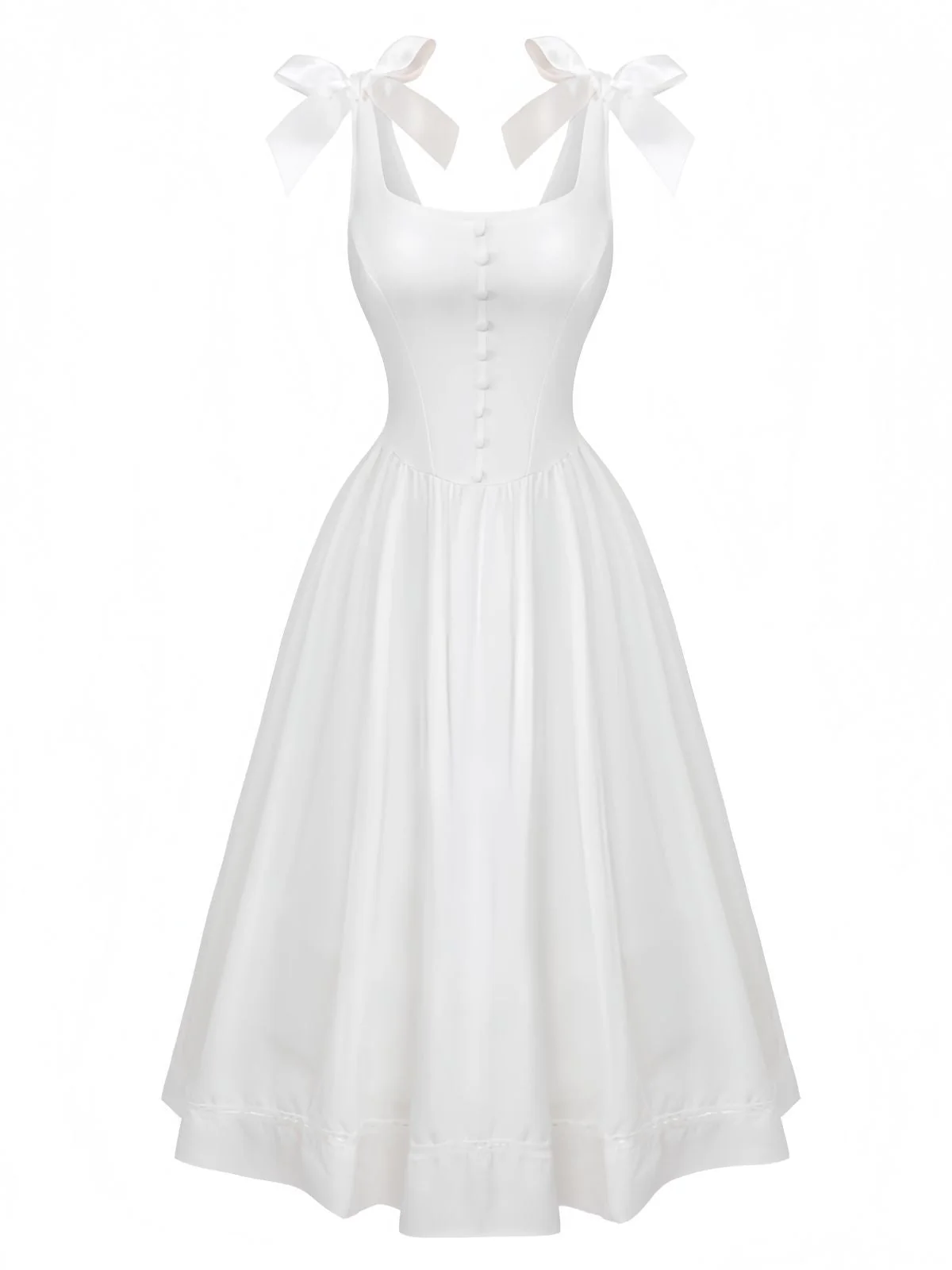 Weiß 1940er Solide Schnürung Knopf Kleid - Image 2