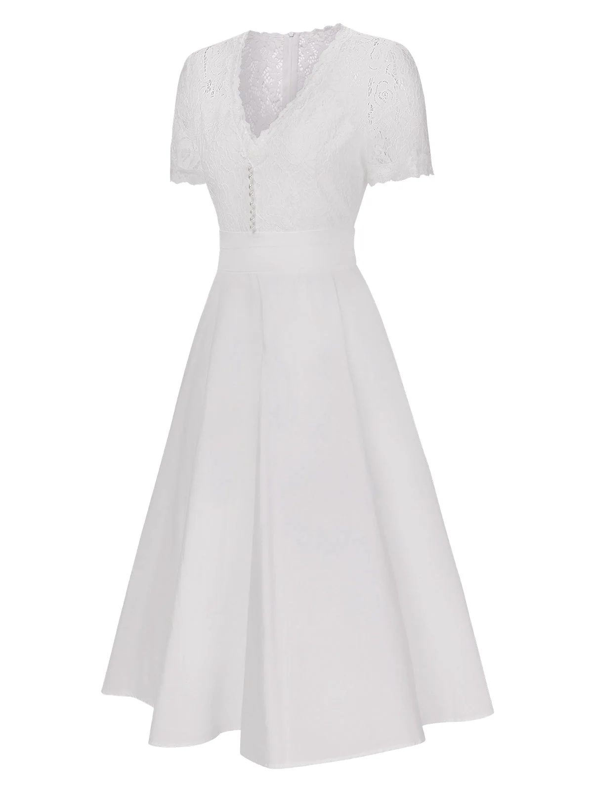 Weiß 1940er V-Ausschnitt Spitze Patchwork Kleid - Image 3