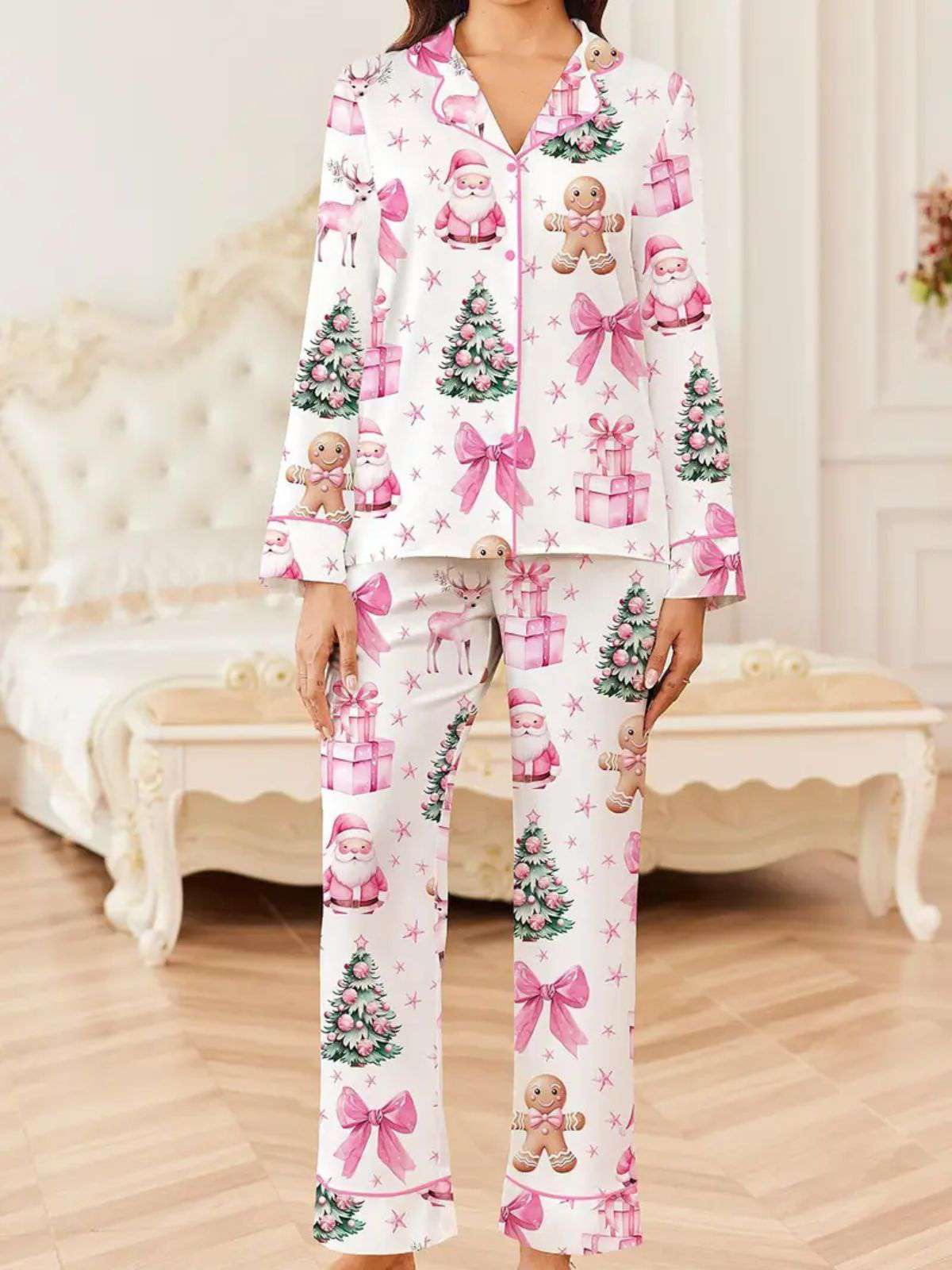 Weiß 1940er Weihnachten Candy Canes Pyjama Set - Image 3