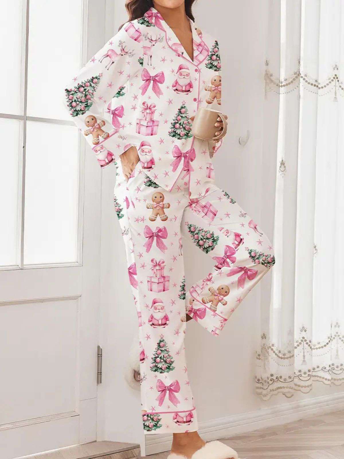 Weiß 1940er Weihnachten Candy Canes Pyjama Set - Image 4