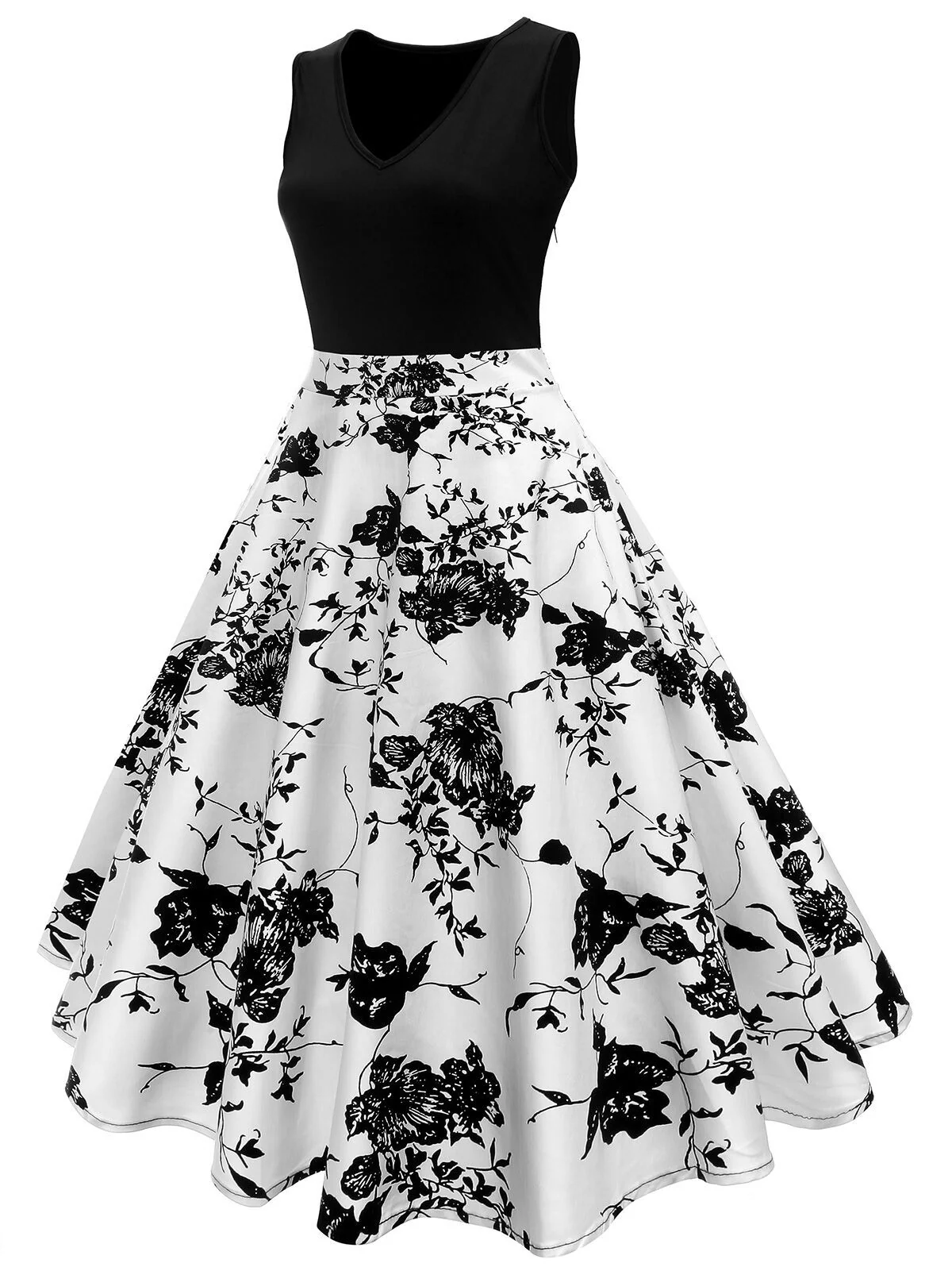 Schwarz 1950er Blumen Swing Kleid - Image 3