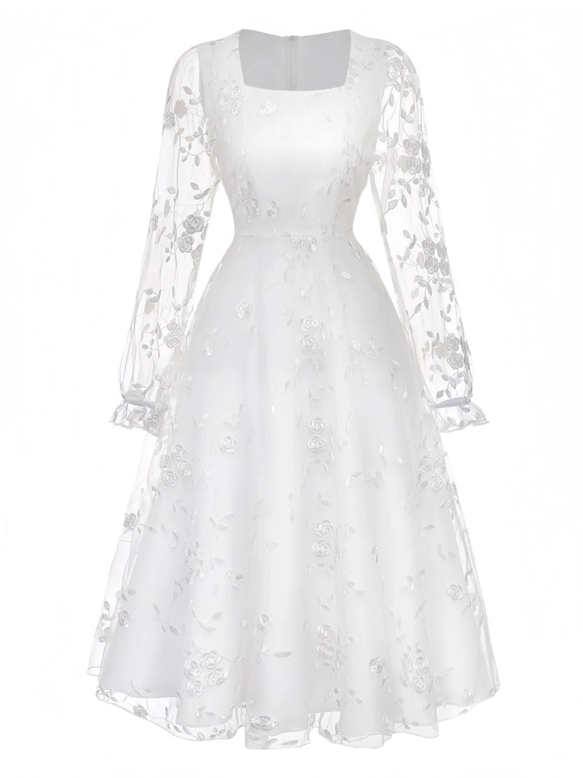 Weiß 1950er Blumenstickerei Spitze Eckiger Ausschnitt Kleid - Image 2