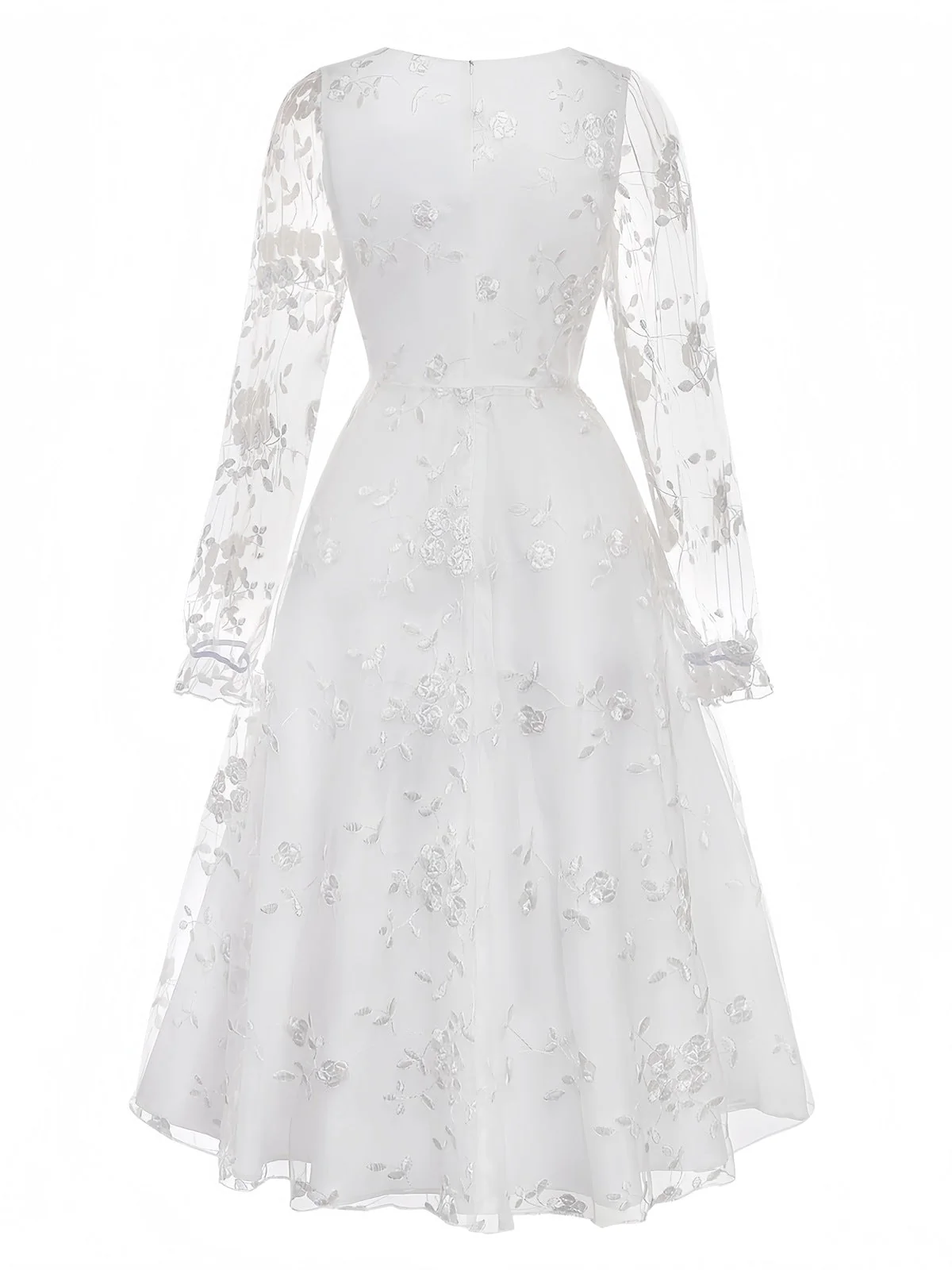 Weiß 1950er Blumenstickerei Spitze Eckiger Ausschnitt Kleid - Image 3