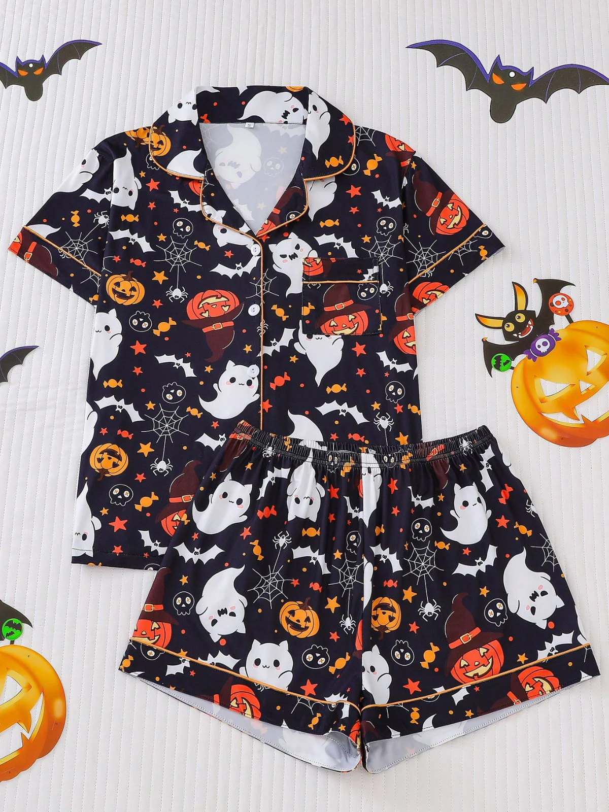 Weiß 1950er Halloween Kerbkragen Pyjama Set - Image 6