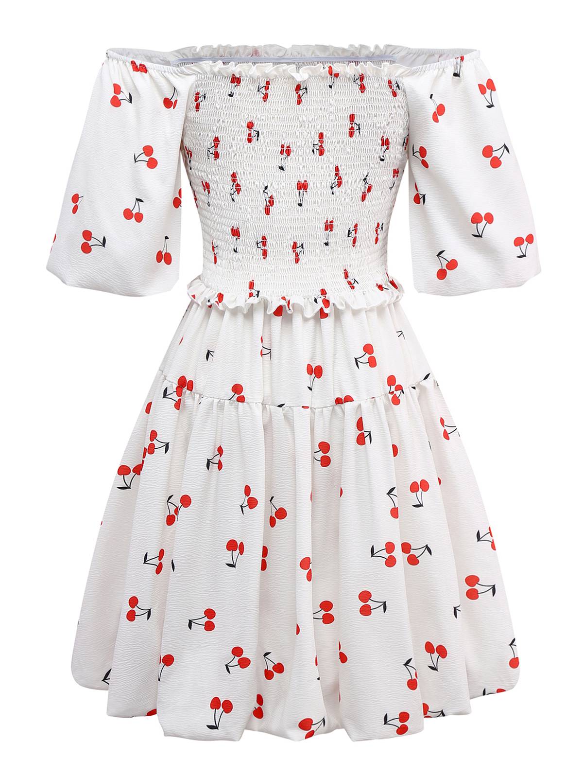 Weiß 1950er Kirsche Puffärmel Gesmokt Kleid - Image 2
