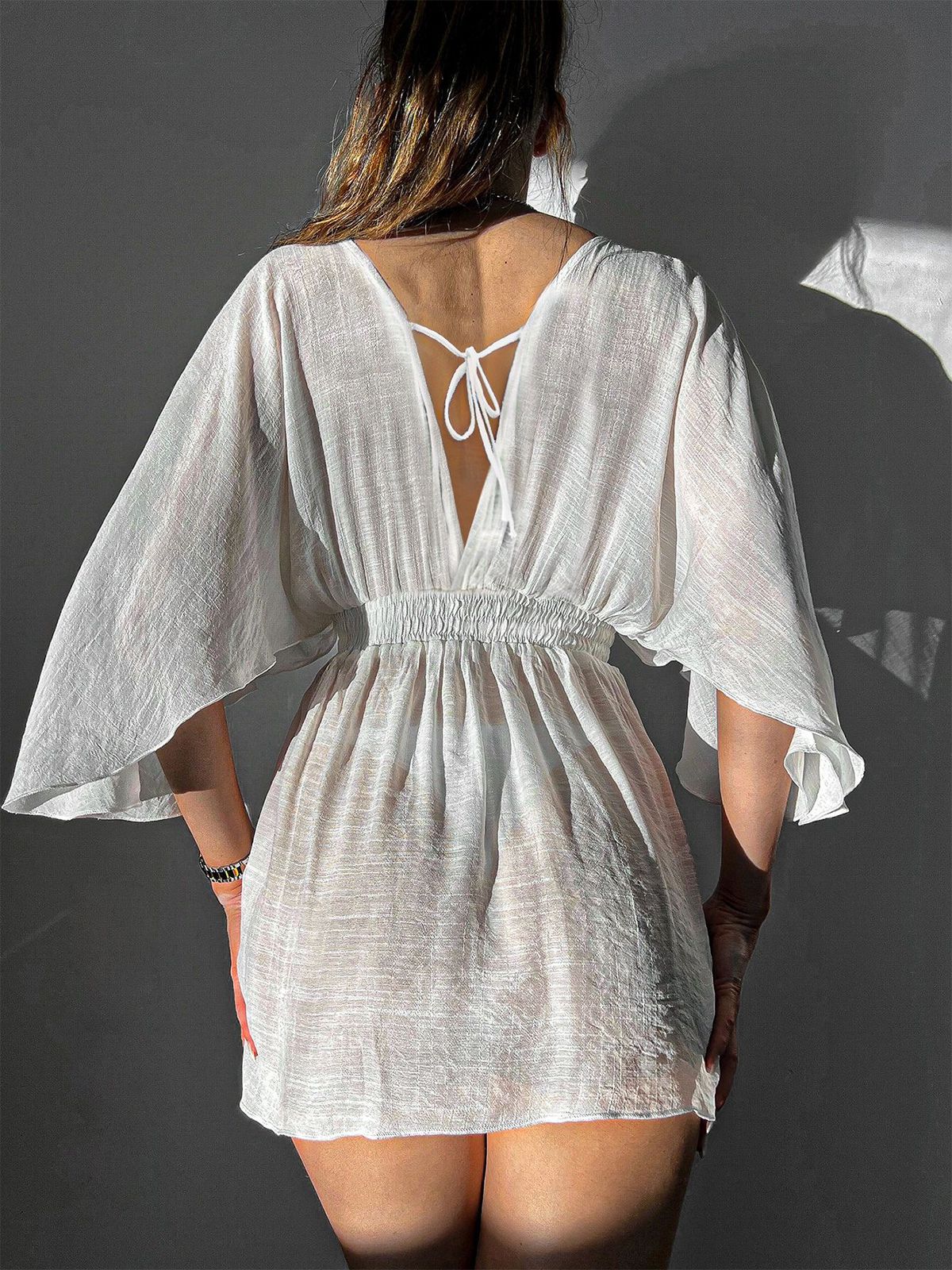 Weiß 1950er Solide Flügelärmelchen Strand Cover Up - Image 3