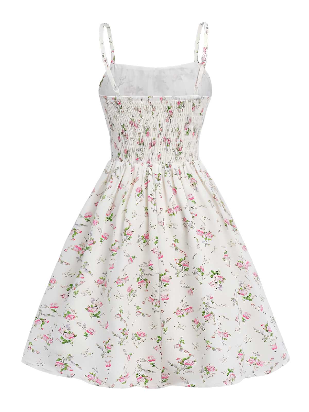 Weiß 1950er Spaghetti Träger Blumen A-Linie Kleid - Image 2