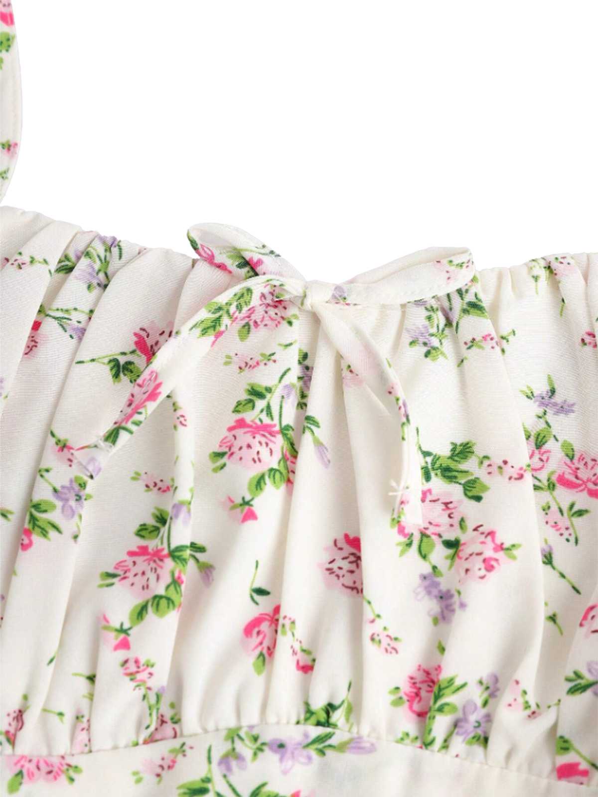 Weiß 1950er Spaghetti Träger Blumen A-Linie Kleid - Image 3