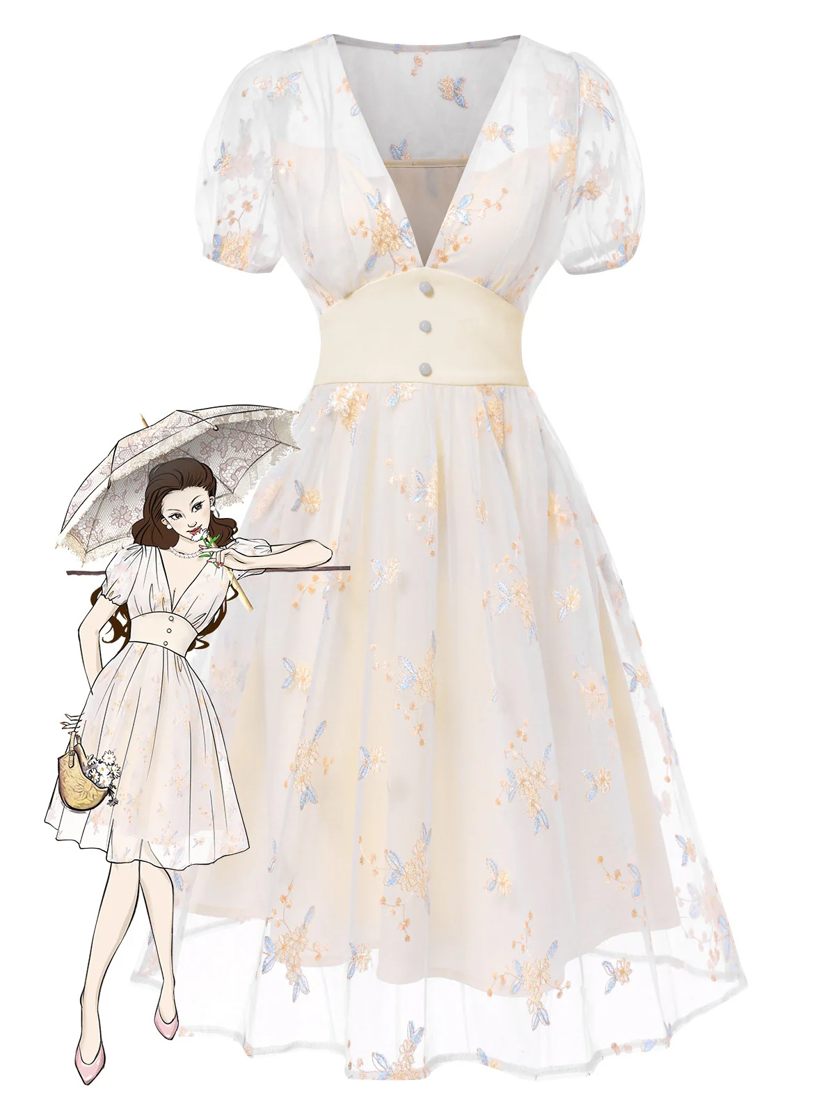 Weiß 1950er Tief V-Ausschnitt Besticktes Blumen Kleid