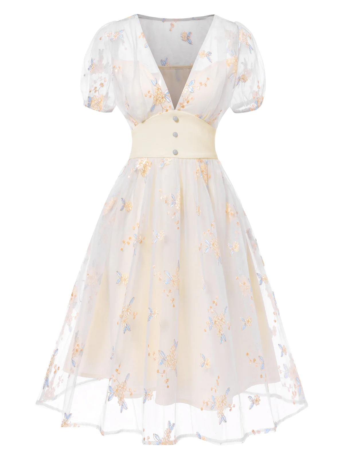 Weiß 1950er Tief V-Ausschnitt Besticktes Blumen Kleid - Image 3