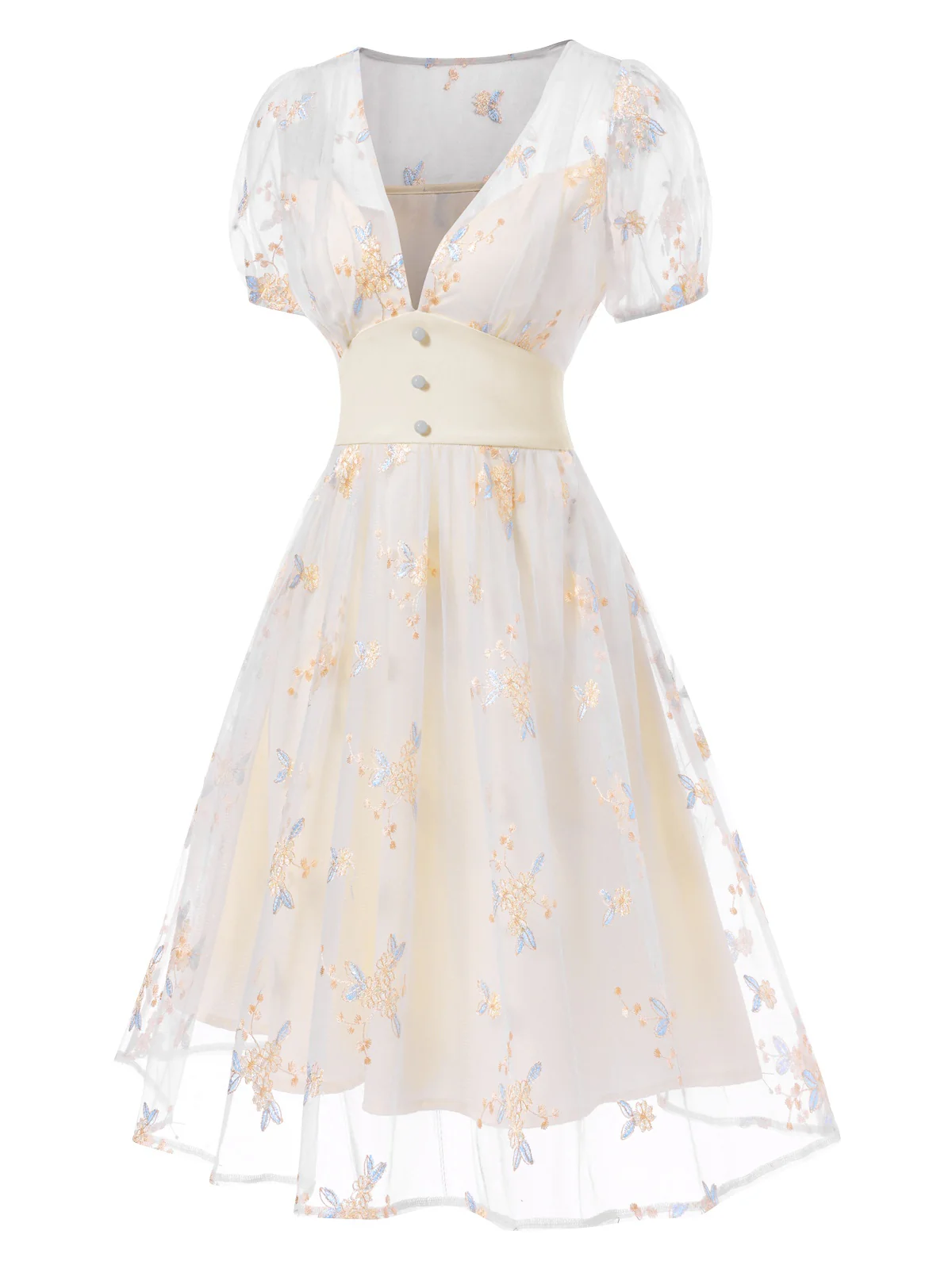 Weiß 1950er Tief V-Ausschnitt Besticktes Blumen Kleid - Image 4
