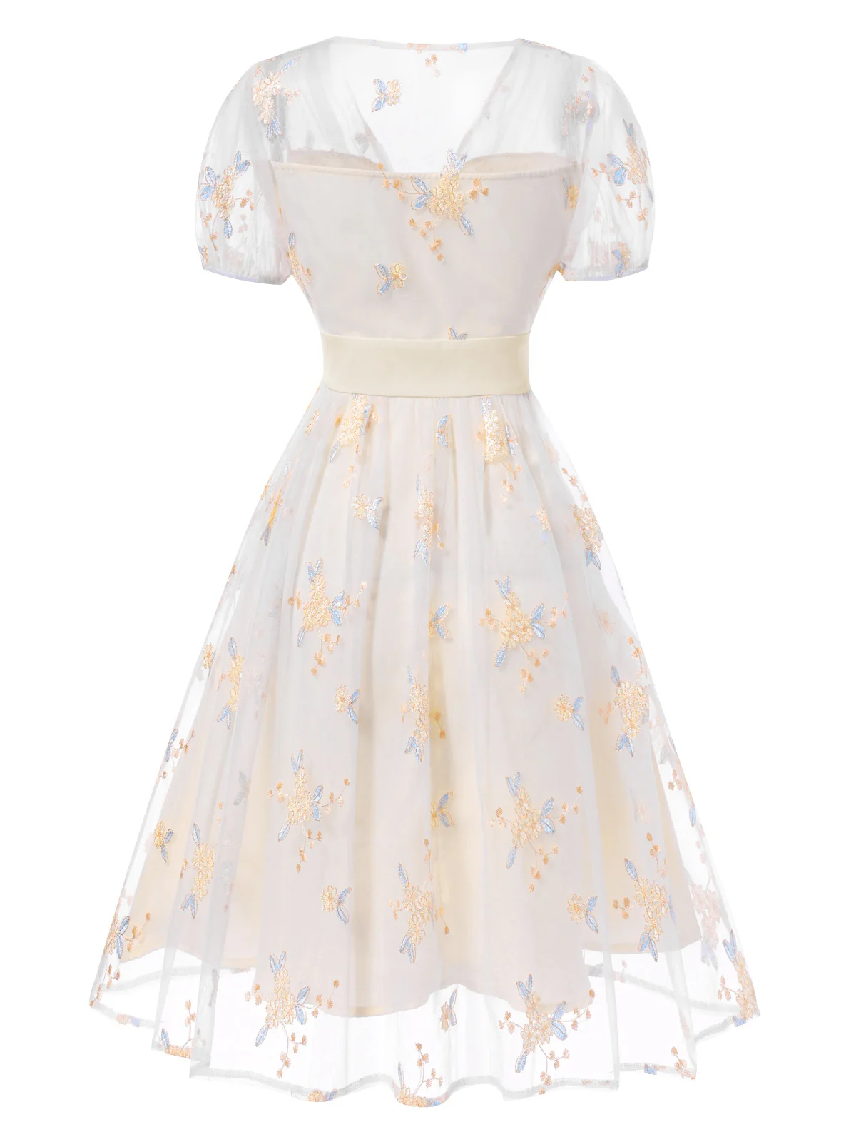 Weiß 1950er Tief V-Ausschnitt Besticktes Blumen Kleid - Image 5