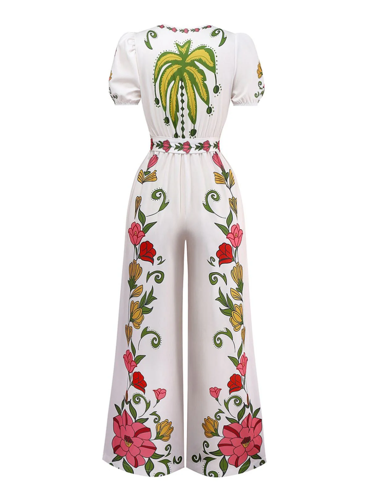 Weiß 1950er Tief V-Ausschnitt Blumen Gürtel Jumpsuit - Image 2