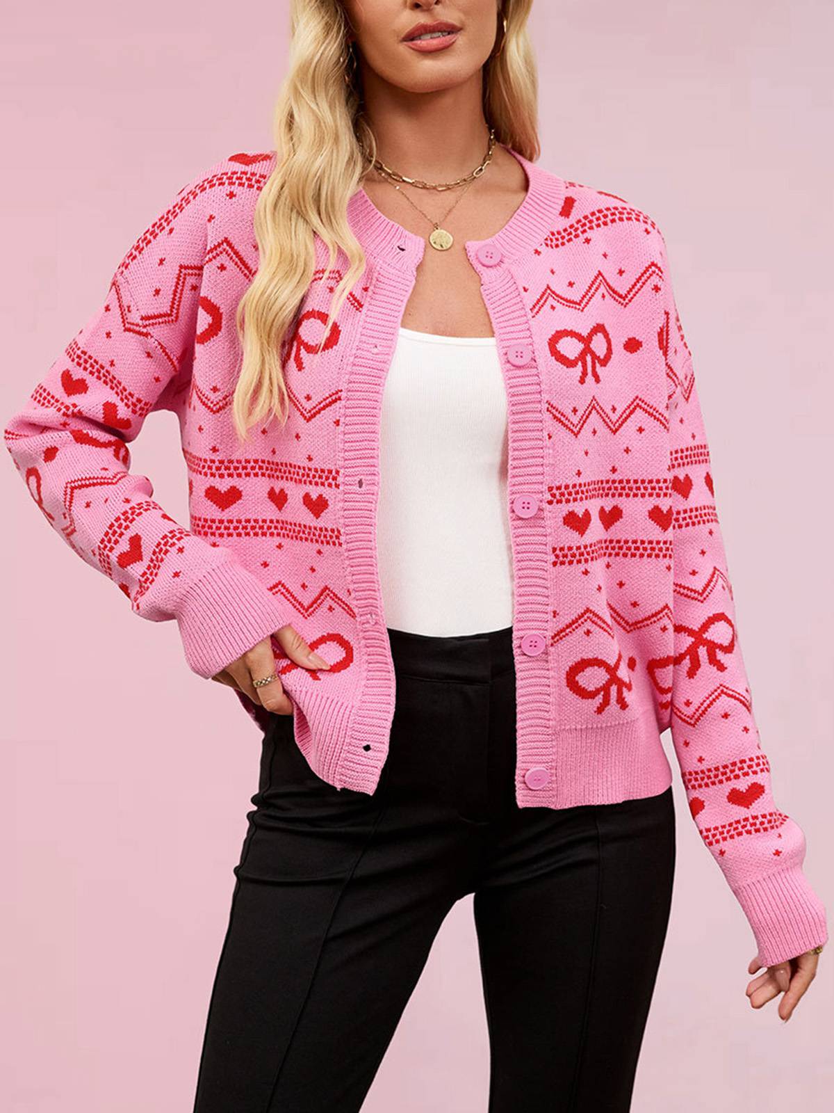 Weiß 1950er Valentinstag Herz Strickjacke - Image 3