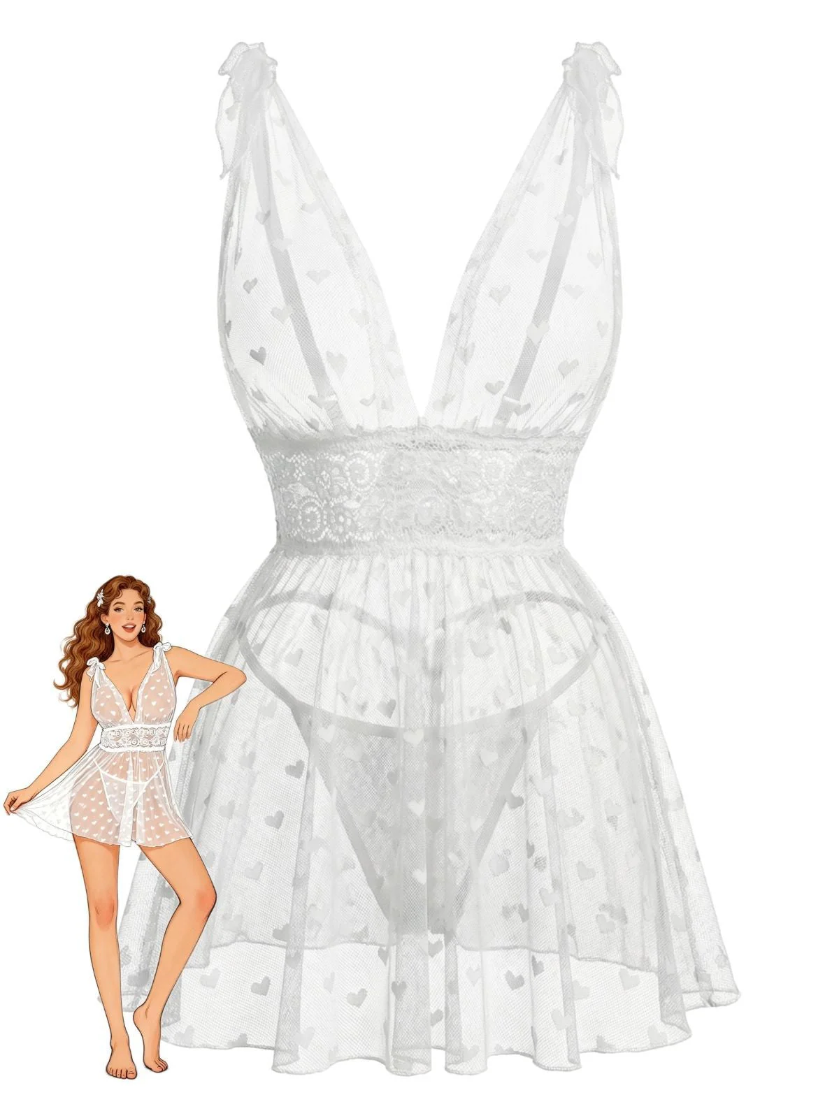 Weiß 1960er Herz Punkte Transparent Spitze Nachtwäsche Set